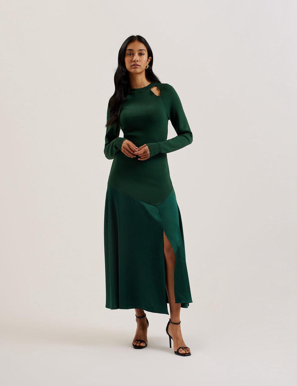 Dk-Green Ted Baker ALFEIOS - Long Sleeve Satin Skirt Women Midi Dresses | SG  6479-GBOJV
