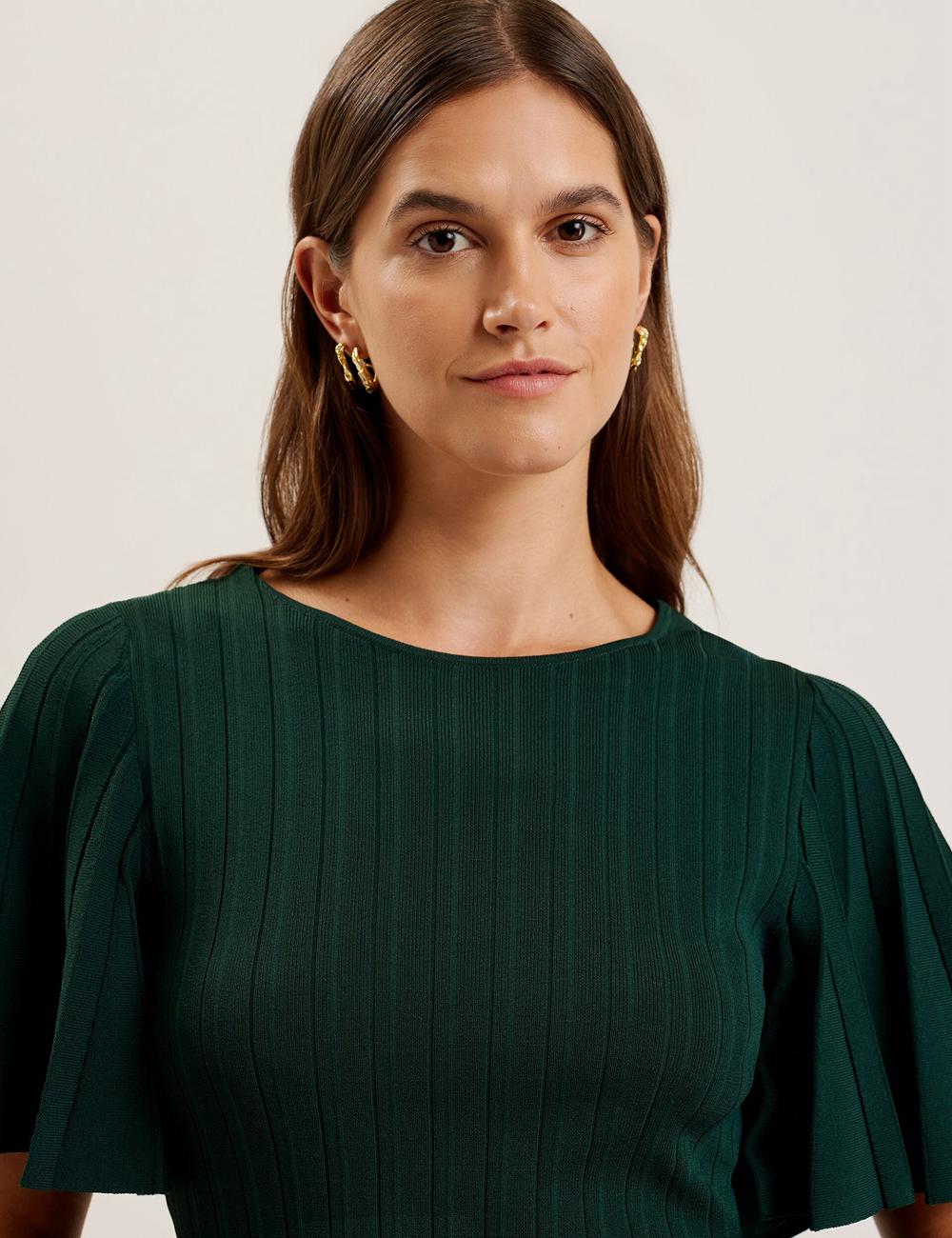 Dk-Green Ted Baker IIVANNA - Ribbed Knit Top With Fluted Short Sleeves Women Jumpers | SG  7316-XSMBD