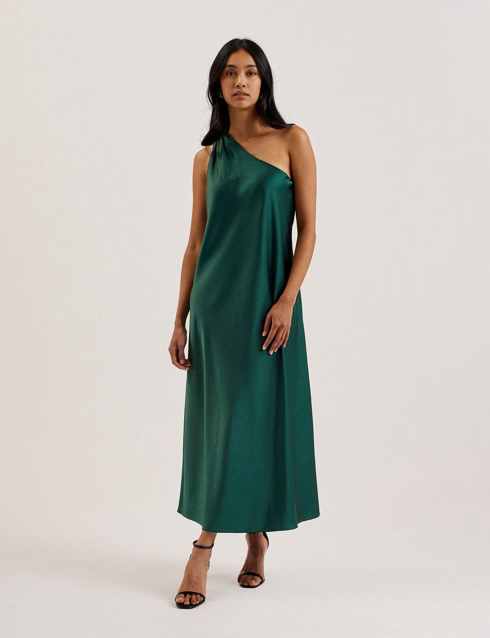 Dk-Green Ted Baker MELGAR - Satin One Shoulder Women Midi Dresses | SG  0741-VCOML