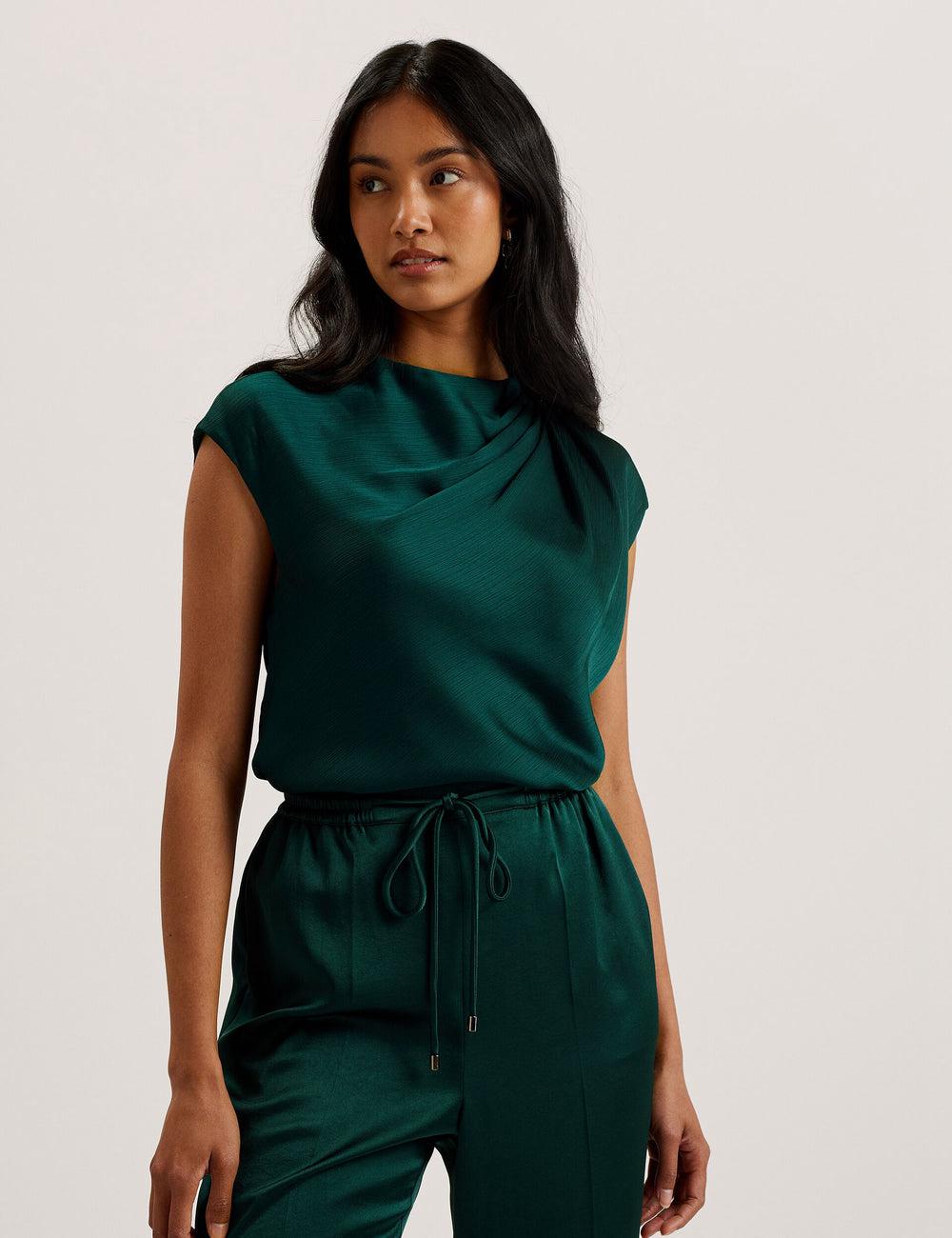 Dk-Green Ted Baker MISRINA - Drape Neck Detail Satin Top Women Jumpers | SG  8236-AZGNT