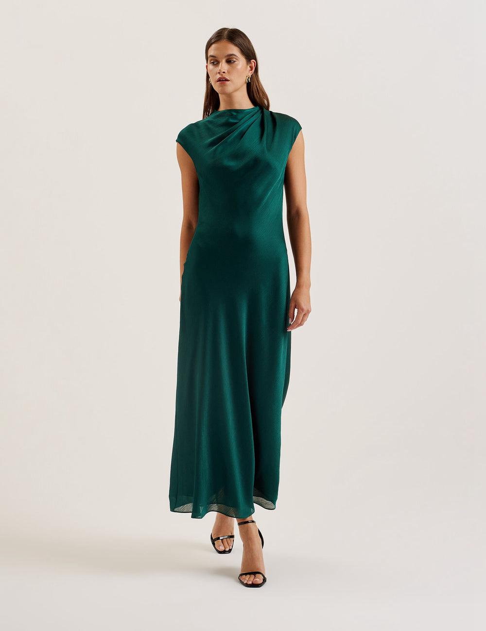 Dk-Green Ted Baker RIMINI - Chiffon Drape Neck Detail Women Maxi Dresses | SG  2457-AIFYZ