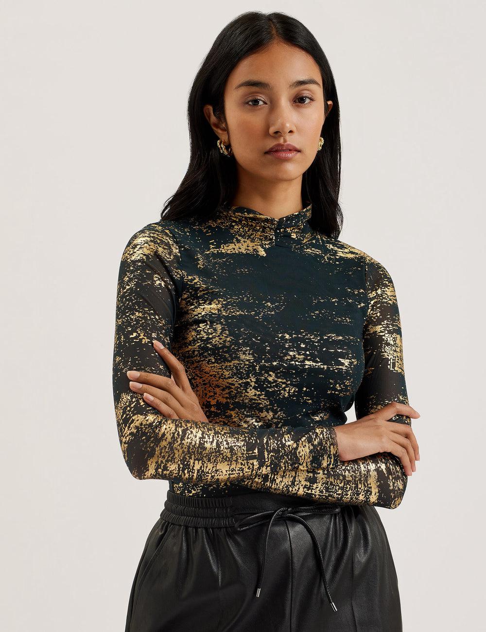 Dk-Green Ted Baker SOFIY - Foil Print High Neck Mesh Top Women Jumpers | SG  4032-KFGEJ