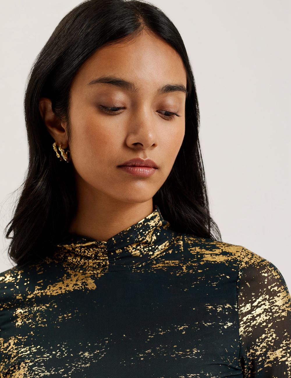 Dk-Green Ted Baker SOFIY - Foil Print High Neck Mesh Top Women Jumpers | SG  4032-KFGEJ