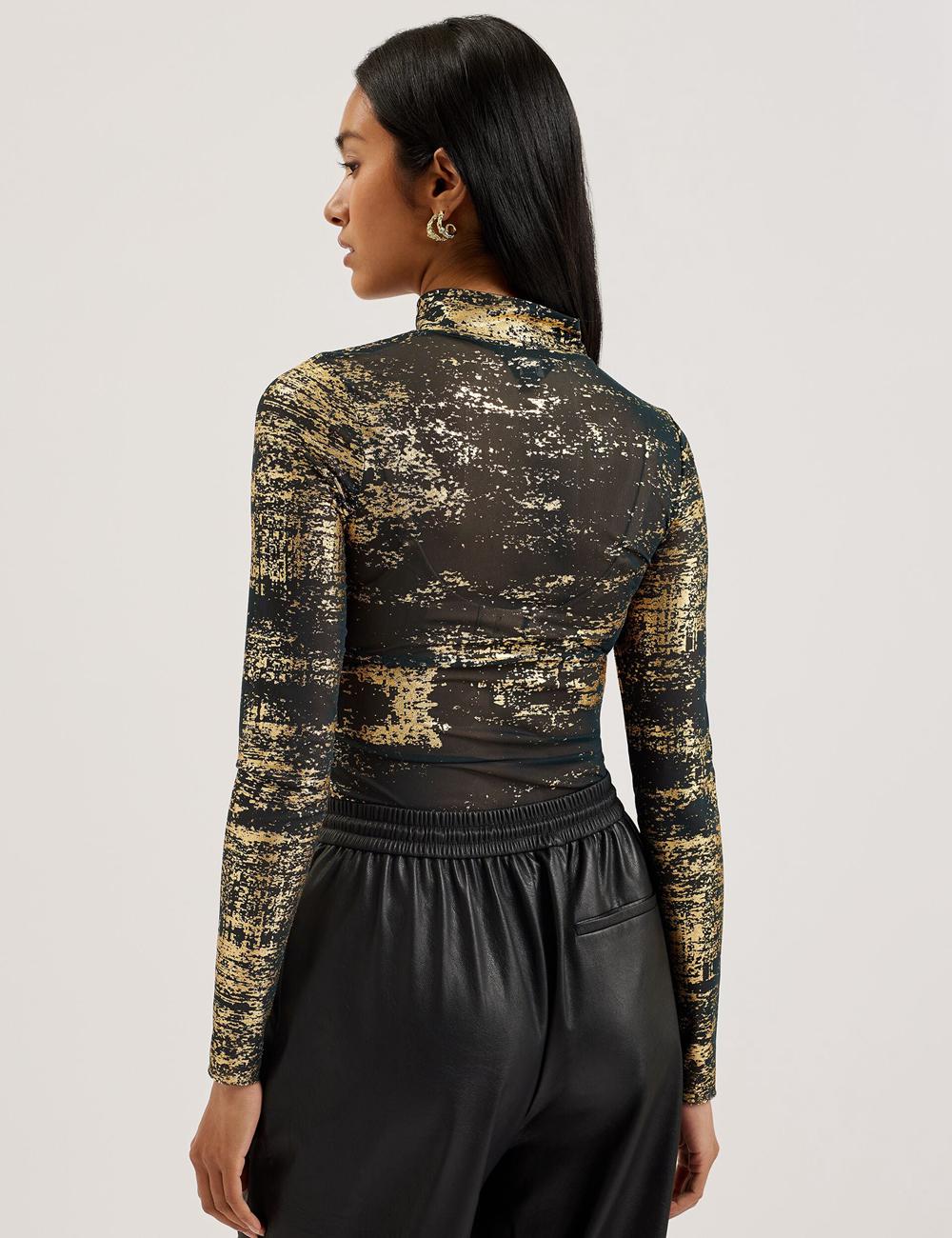 Dk-Green Ted Baker SOFIY - Foil Print High Neck Mesh Top Women Jumpers | SG  4032-KFGEJ
