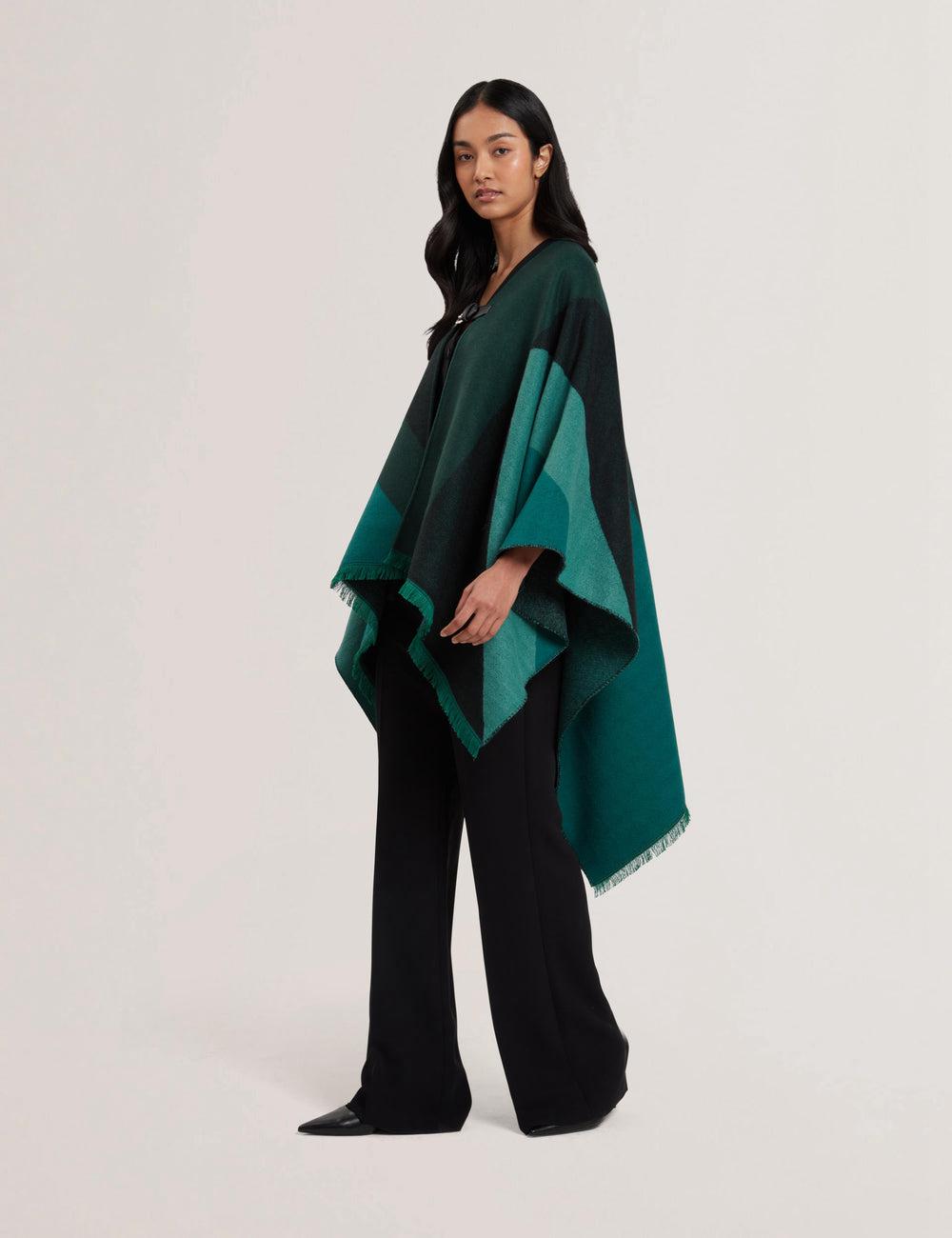 Dk-Green Ted Baker SUFFIA - Colour Block Buckled Woven Women Ponchos | SG  0482-KGAUP