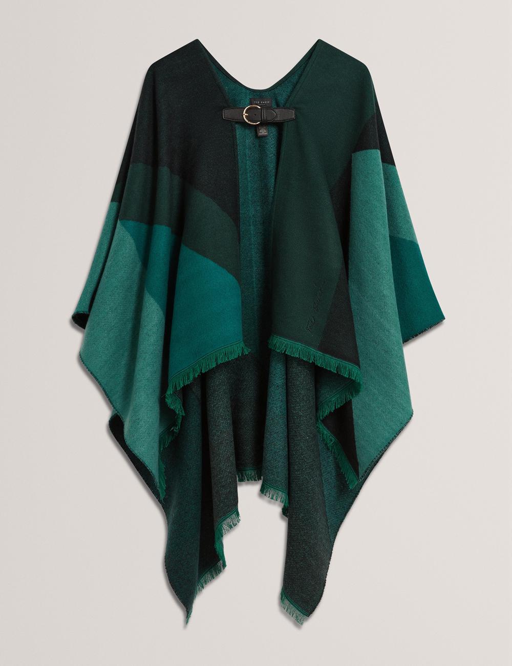 Dk-Green Ted Baker SUFFIA - Colour Block Buckled Woven Women Ponchos | SG  0482-KGAUP