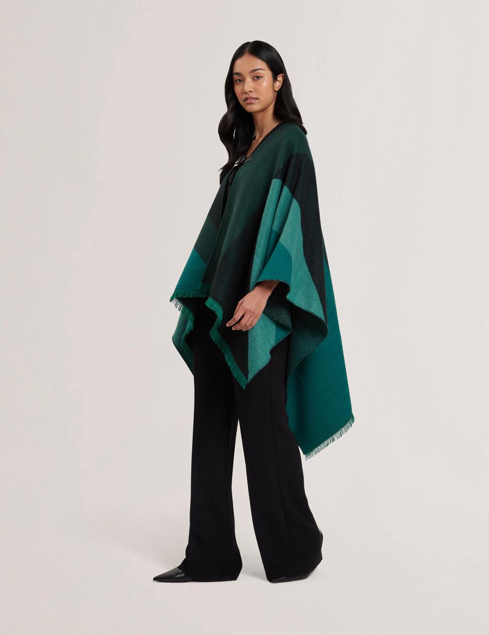 Dk-Green Ted Baker SUFFIA - Colour Block Buckled Woven Women Ponchos | SG  0482-KGAUP
