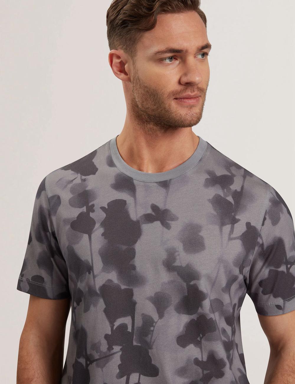 Dk-Grey Ted Baker DENNISS - Monochrome Floral Print Cotton Men T-Shirts | SG  8630-XAGCU