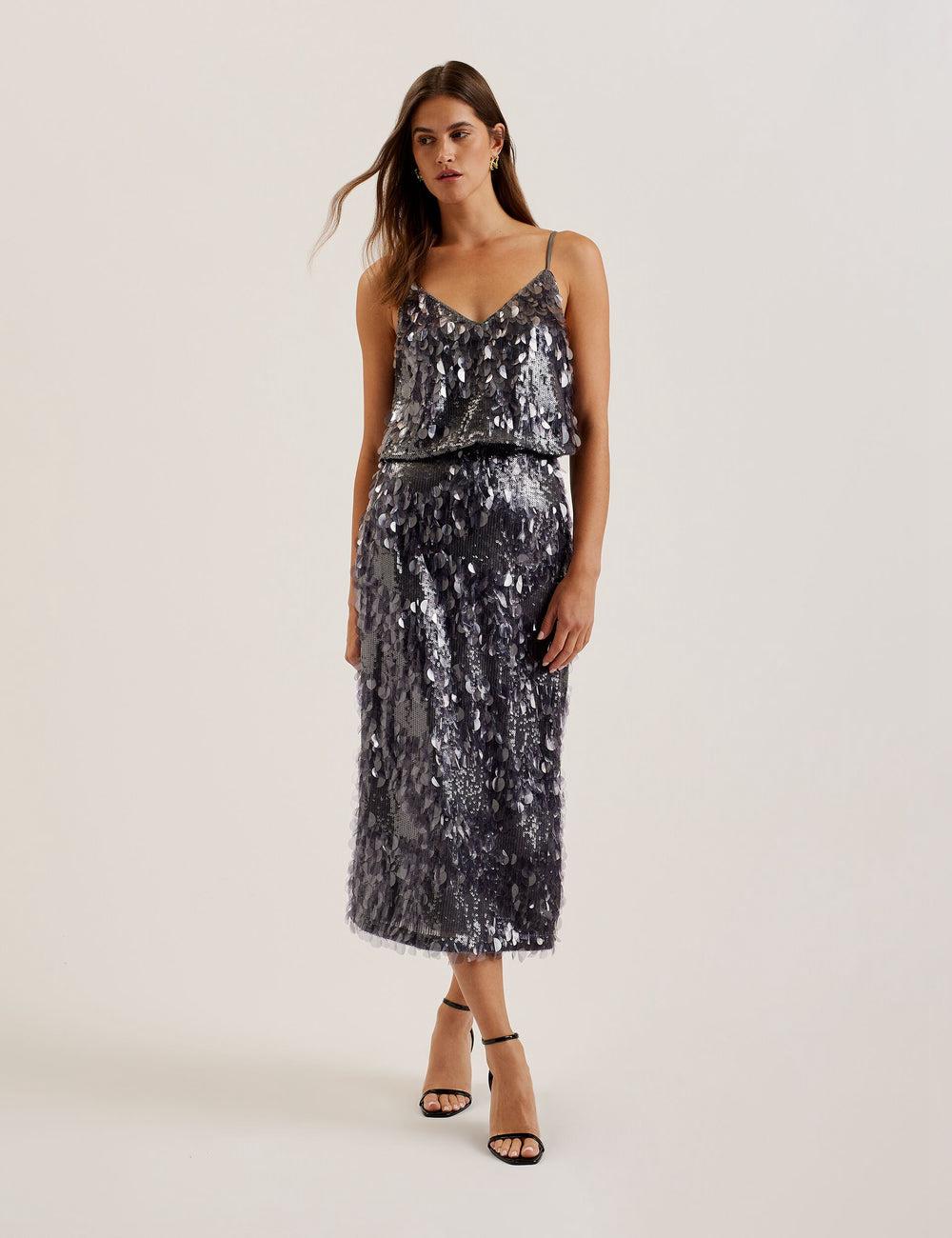 Dk-Grey Ted Baker DORIDA - Mixed Sequin With Slit Women Midi Skirts | SG  6852-JETBU