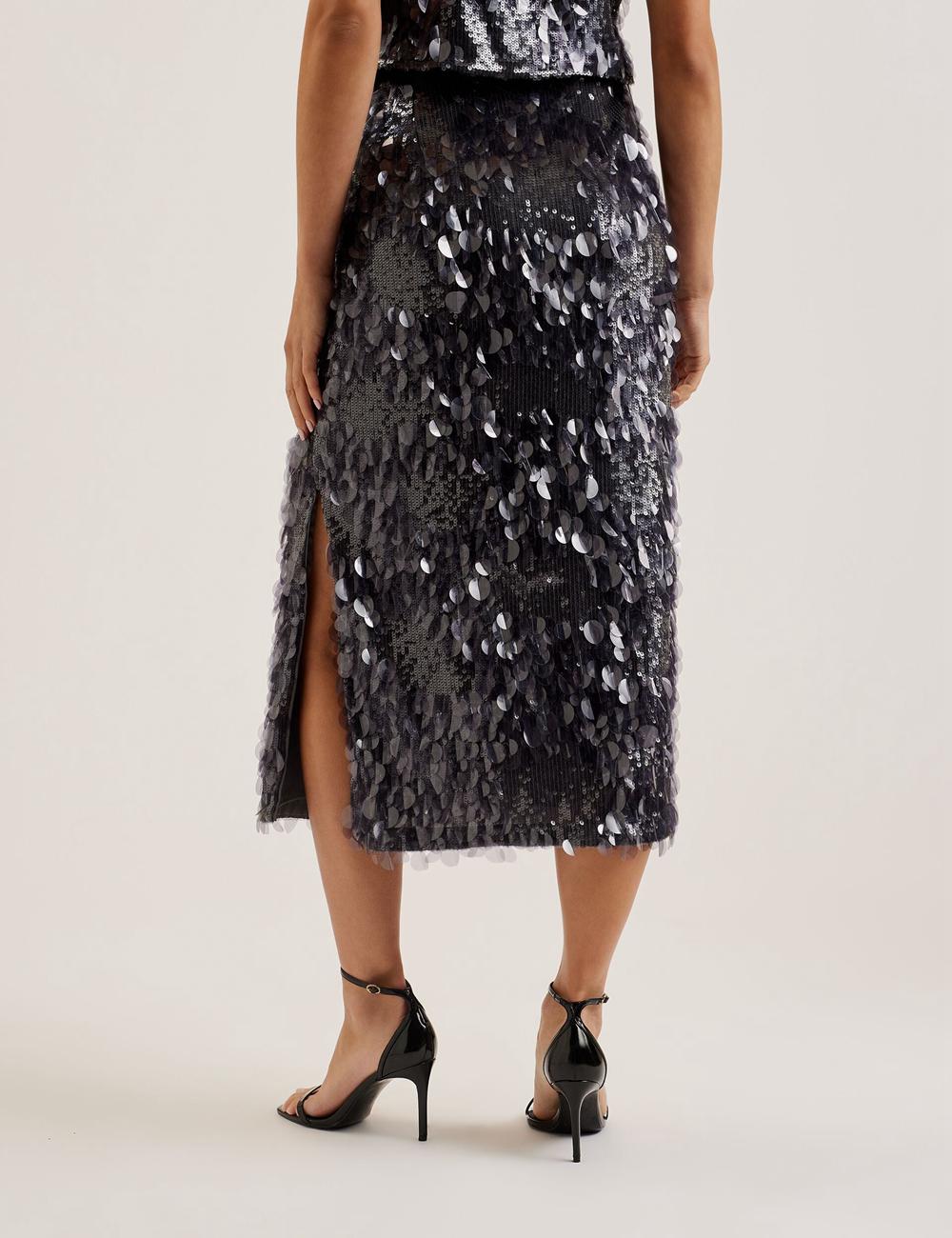 Dk-Grey Ted Baker DORIDA - Mixed Sequin With Slit Women Midi Skirts | SG  6852-JETBU