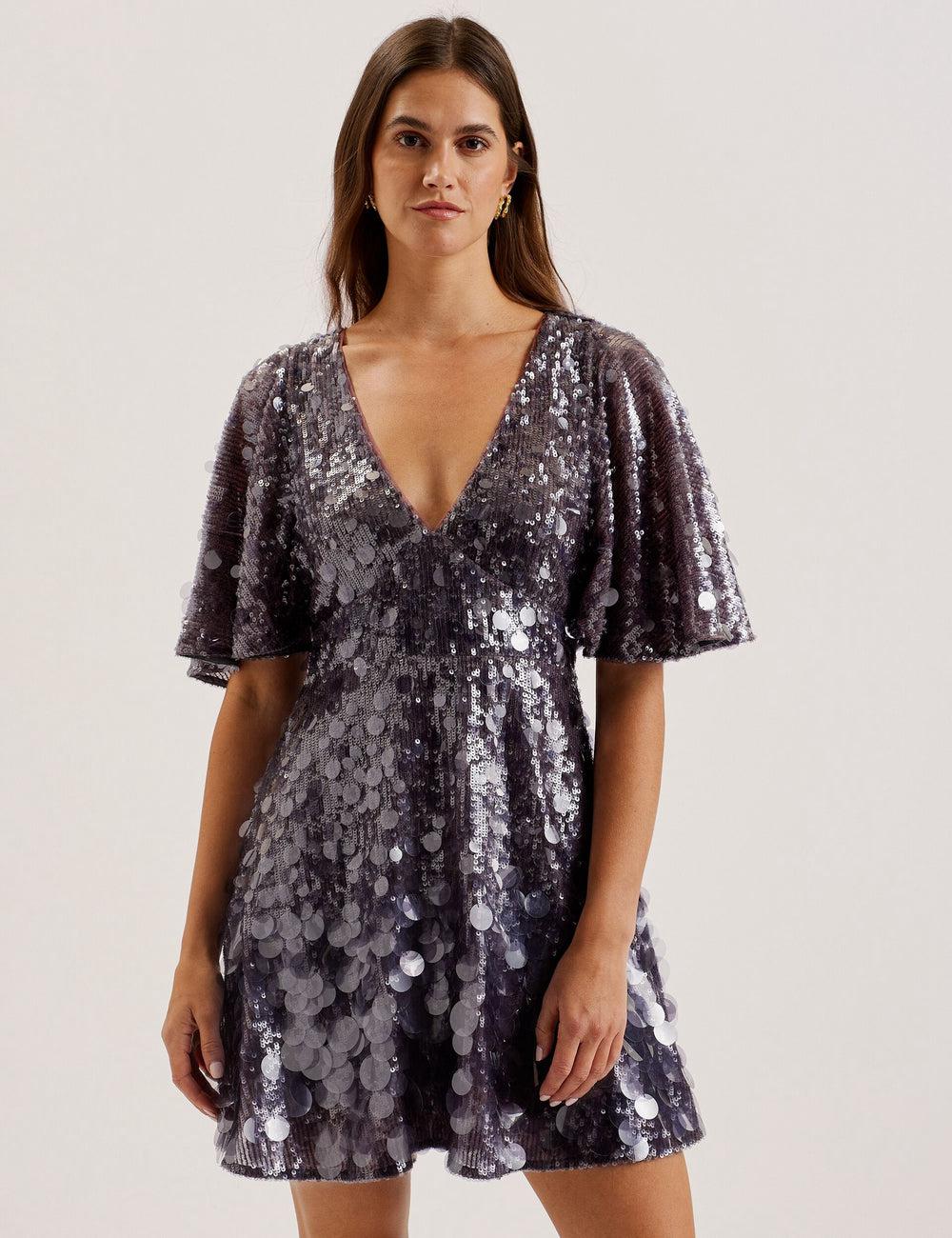 Dk-Grey Ted Baker ELISONA - Sequin V-Neck Cape Sleeve Women Mini Dresses | SG  1843-PIULX