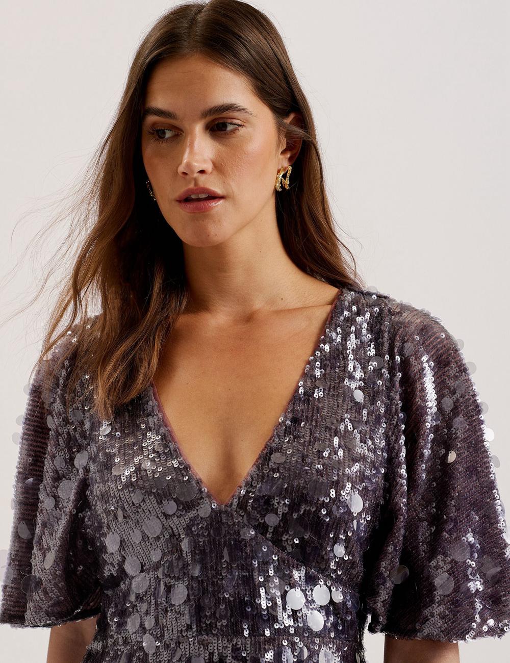 Dk-Grey Ted Baker ELISONA - Sequin V-Neck Cape Sleeve Women Mini Dresses | SG  1843-PIULX