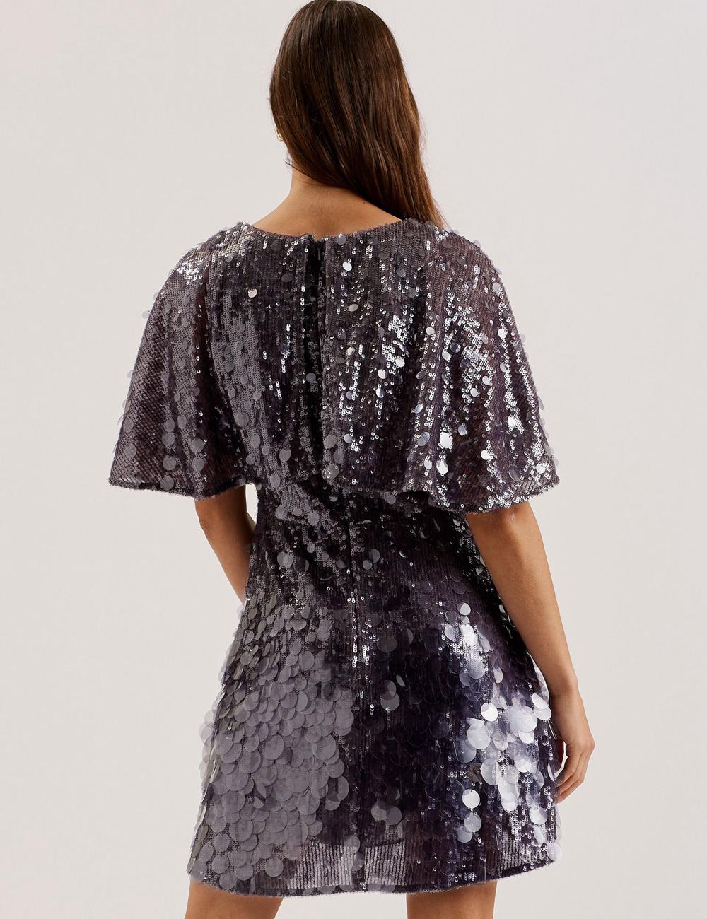 Dk-Grey Ted Baker ELISONA - Sequin V-Neck Cape Sleeve Women Mini Dresses | SG  1843-PIULX