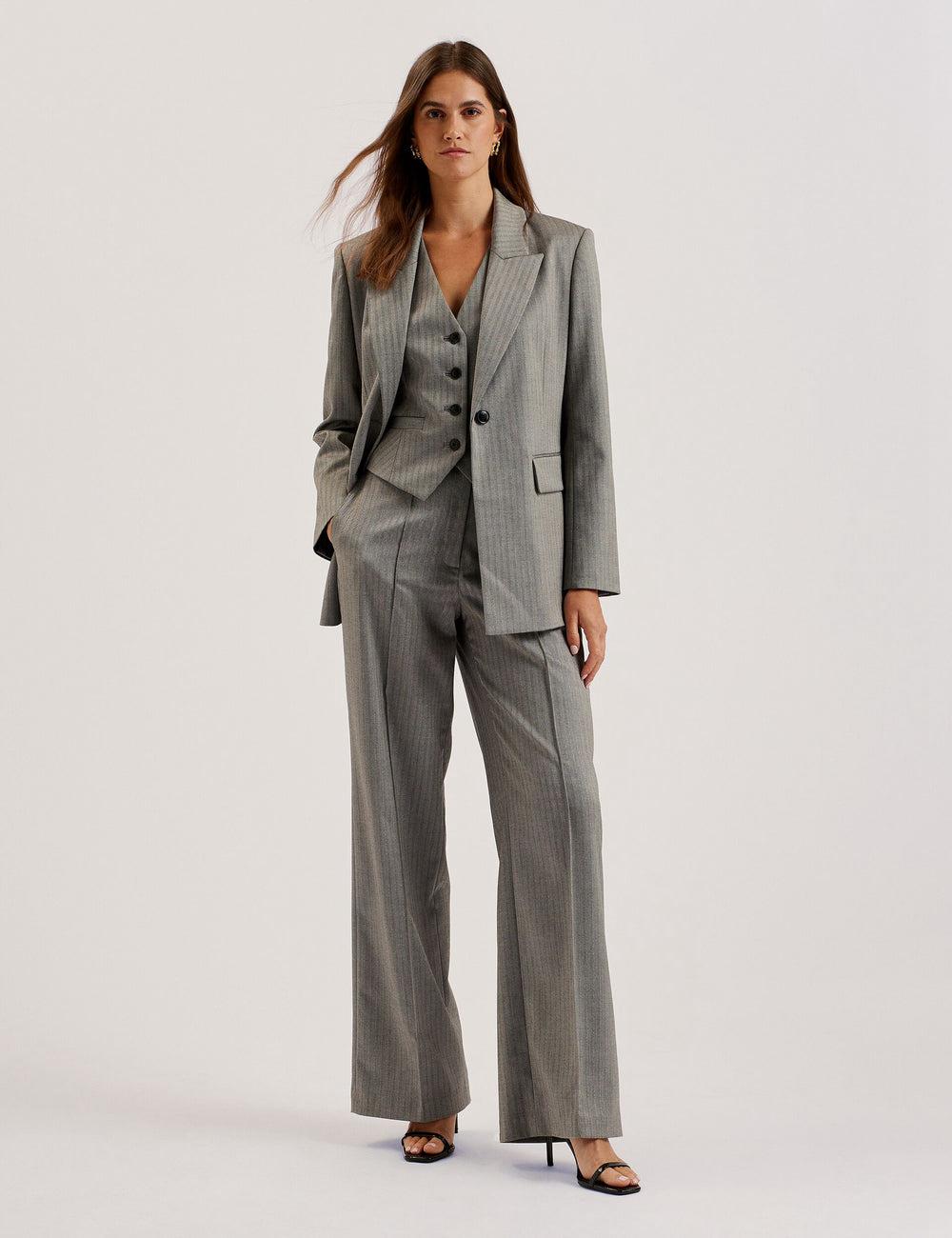 Dk-Grey Ted Baker KOAT - Herringbone Wide Leg Tailored Women Trousers | SG  3297-EVXAS