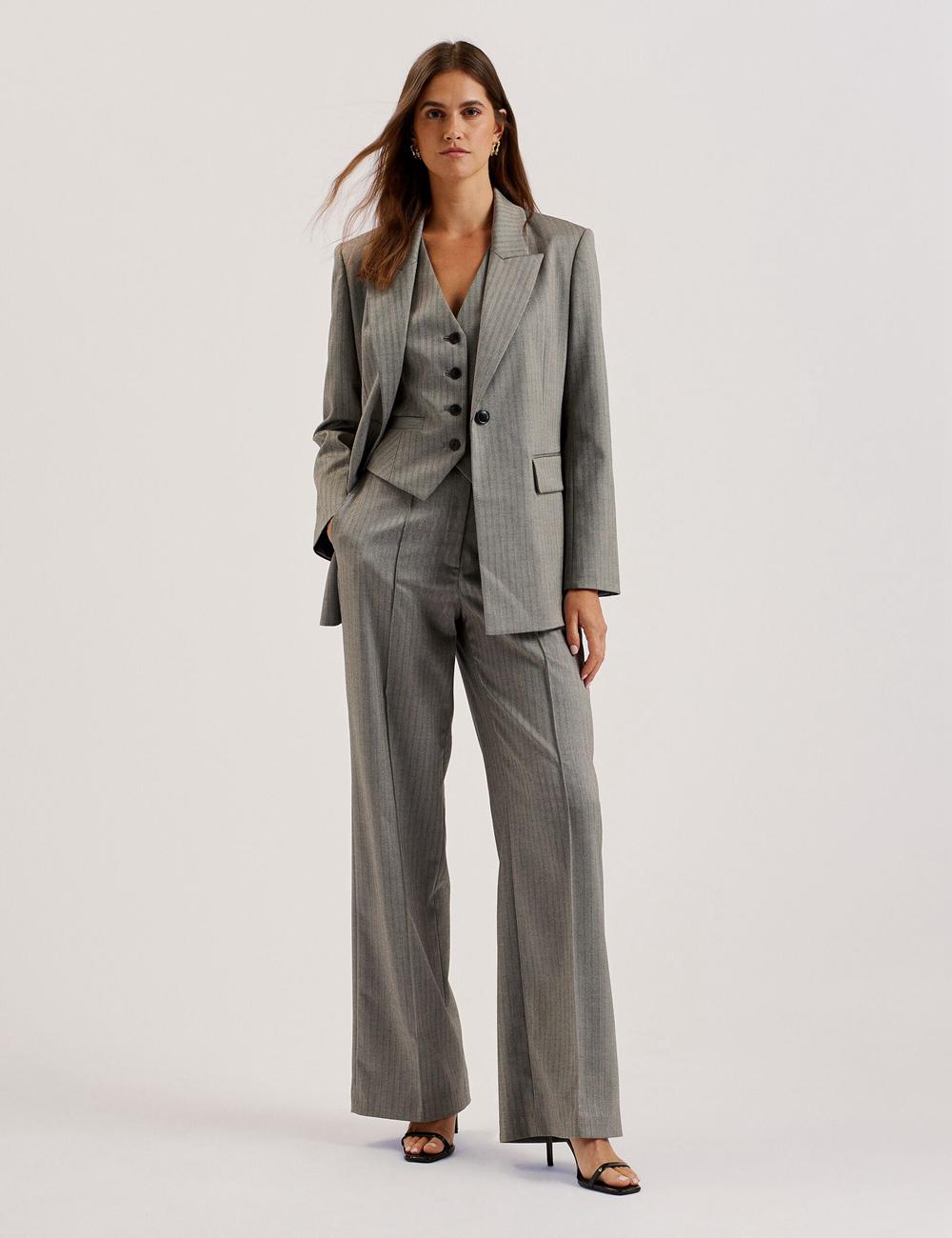 Dk-Grey Ted Baker KOAT - Herringbone Wide Leg Tailored Women Trousers | SG  3297-EVXAS