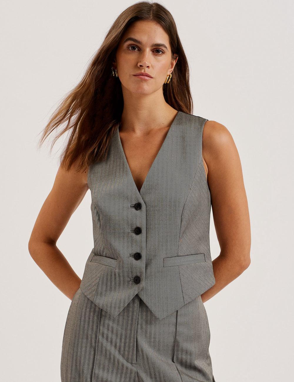 Dk-Grey Ted Baker KOAW - Herringbone Single Breasted Women Suit Waistcoat | SG  7520-VXNUI
