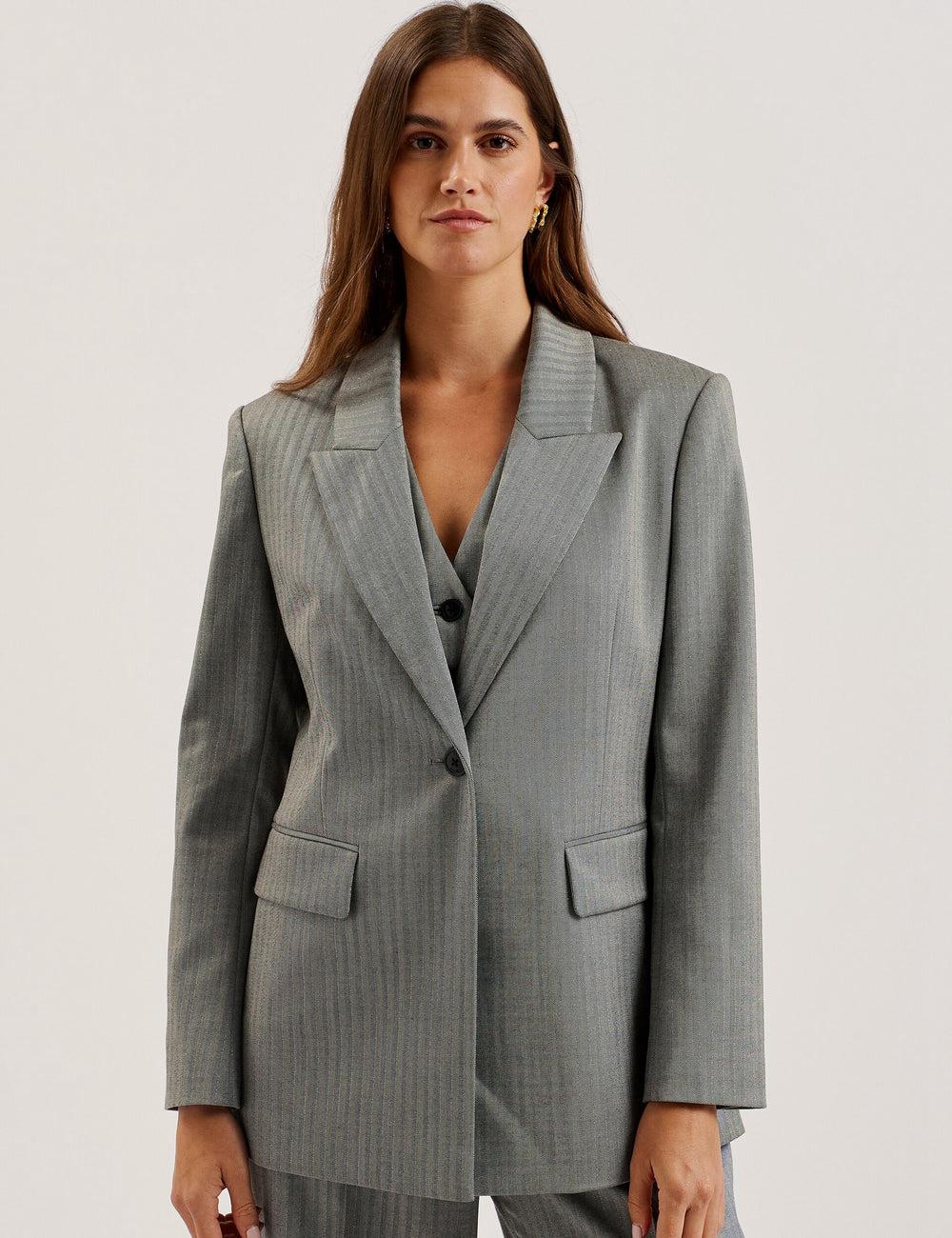 Dk-Grey Ted Baker KOA - Oversized Herringbone Single Breasted Women Blazers | SG  7046-HERLP