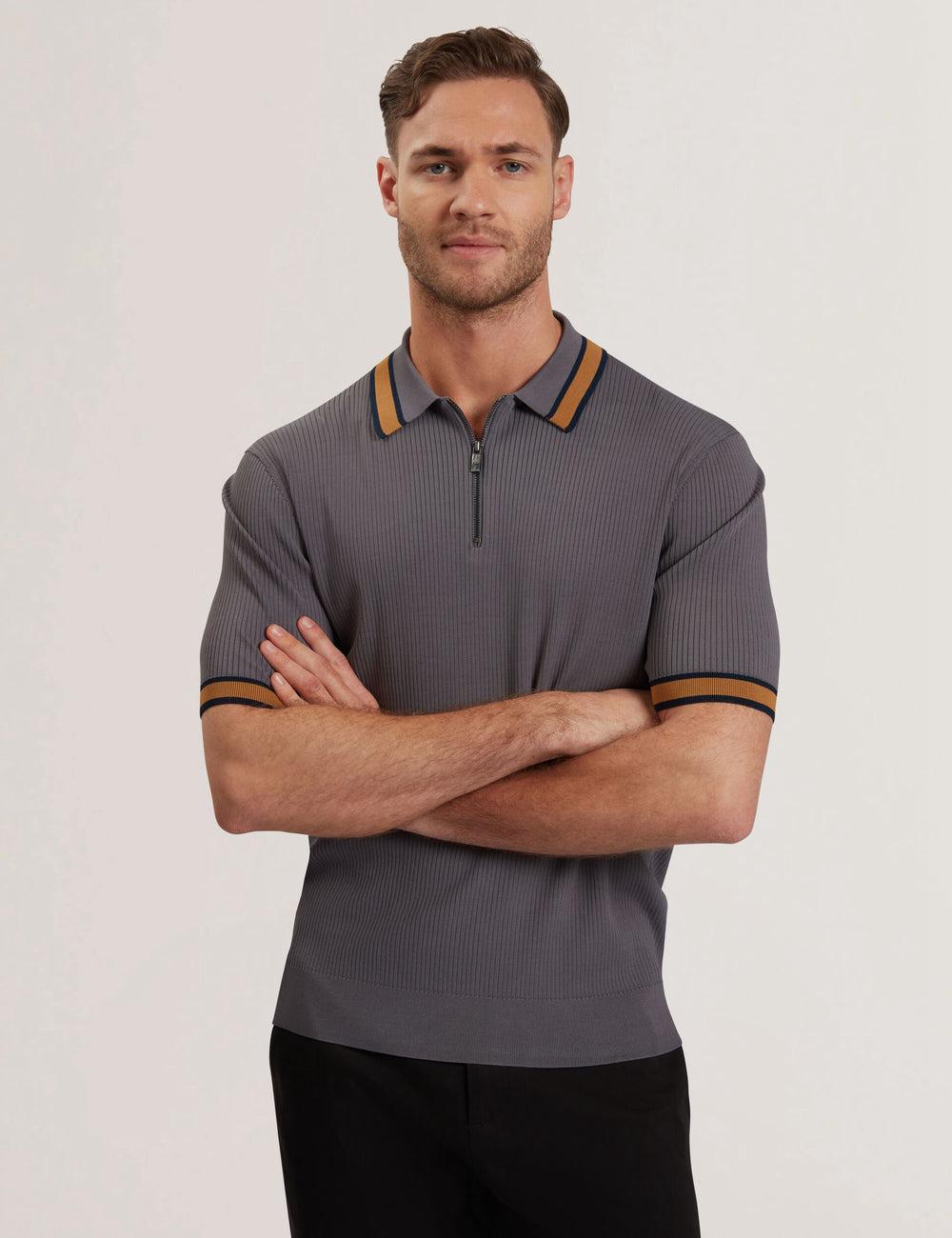 Dk-Grey Ted Baker RAFAELO - Striped Trim Zip Neck Ribbed Men Polos Shirts | SG  6021-ZWBVQ