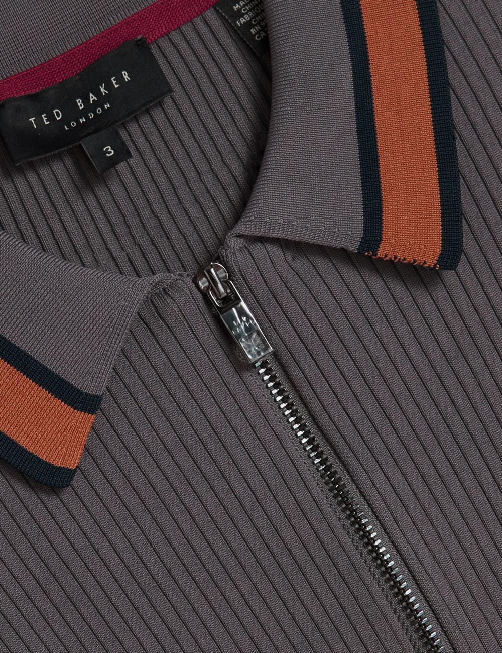 Dk-Grey Ted Baker RAFAELO - Striped Trim Zip Neck Ribbed Men Polos Shirts | SG  6021-ZWBVQ