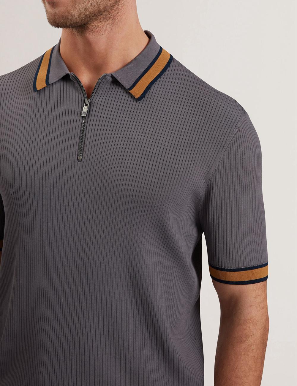 Dk-Grey Ted Baker RAFAELO - Striped Trim Zip Neck Ribbed Men Polos Shirts | SG  6021-ZWBVQ