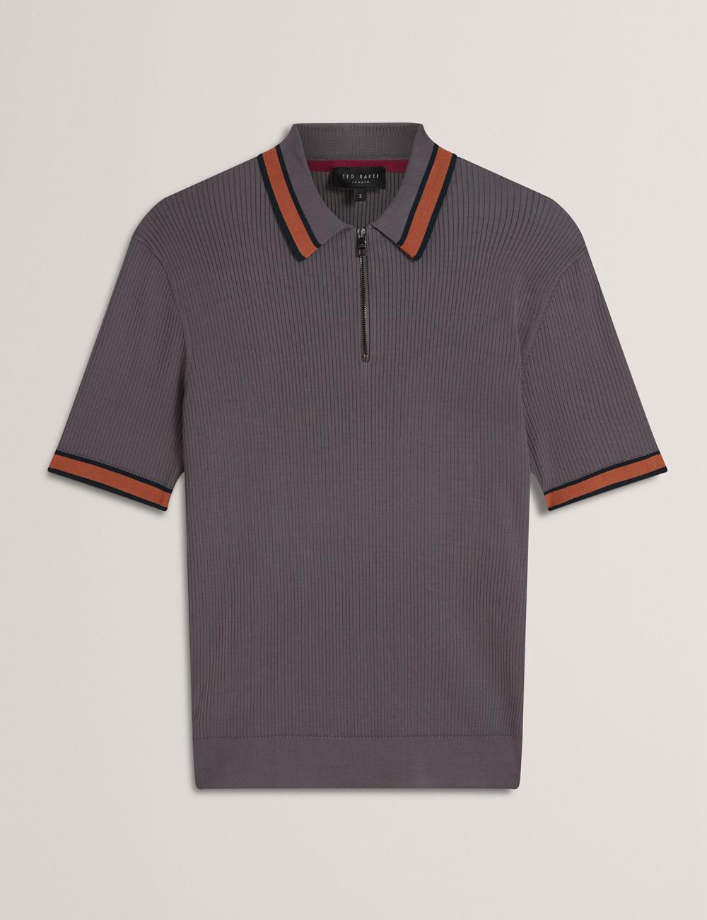 Dk-Grey Ted Baker RAFAELO - Striped Trim Zip Neck Ribbed Men Polos Shirts | SG  6021-ZWBVQ