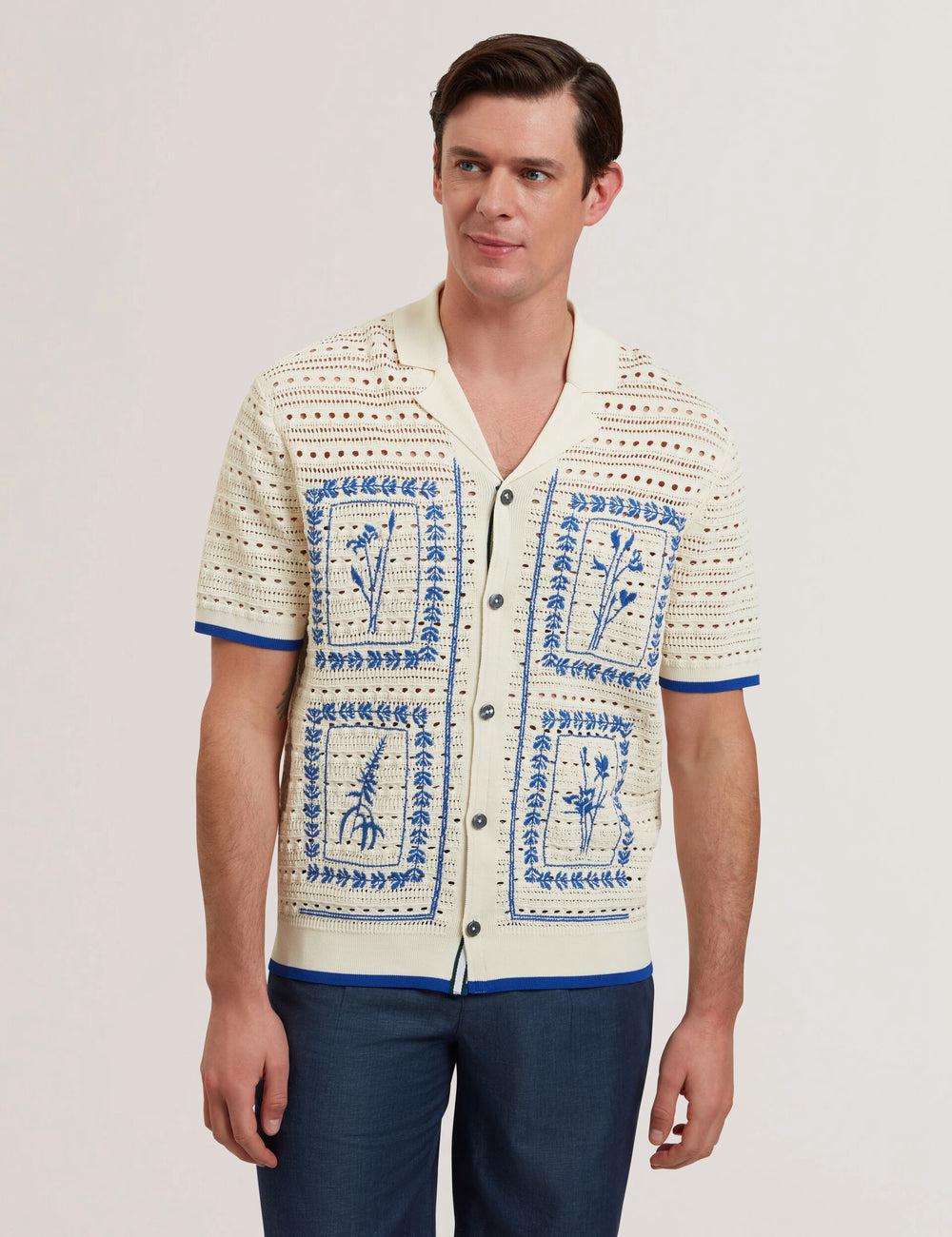 Ecru Ted Baker BARRI - Short Sleeve Crochet Embroidered Men Casual Shirts | SG  2470-IYRKA