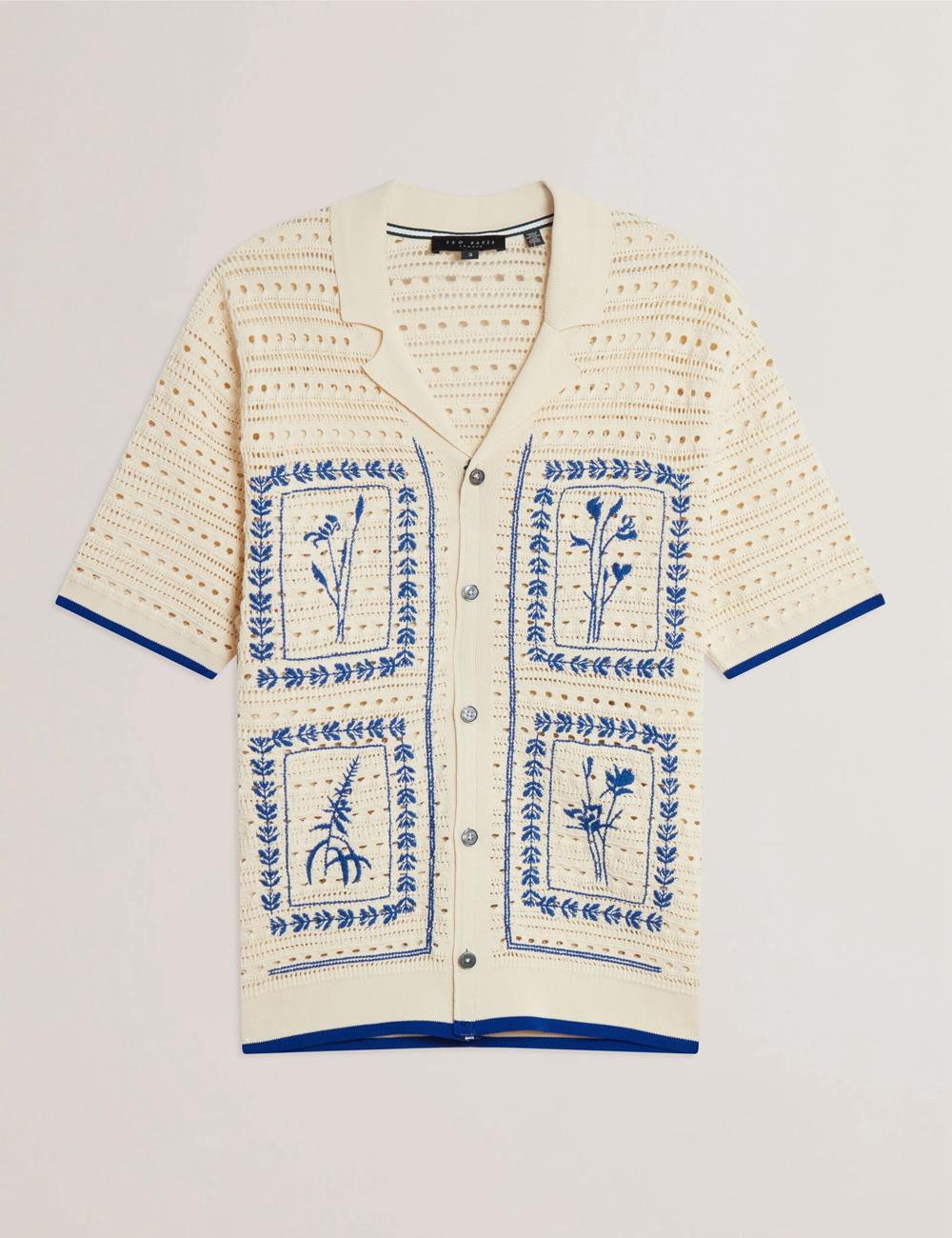Ecru Ted Baker BARRI - Short Sleeve Crochet Embroidered Men Casual Shirts | SG  2470-IYRKA