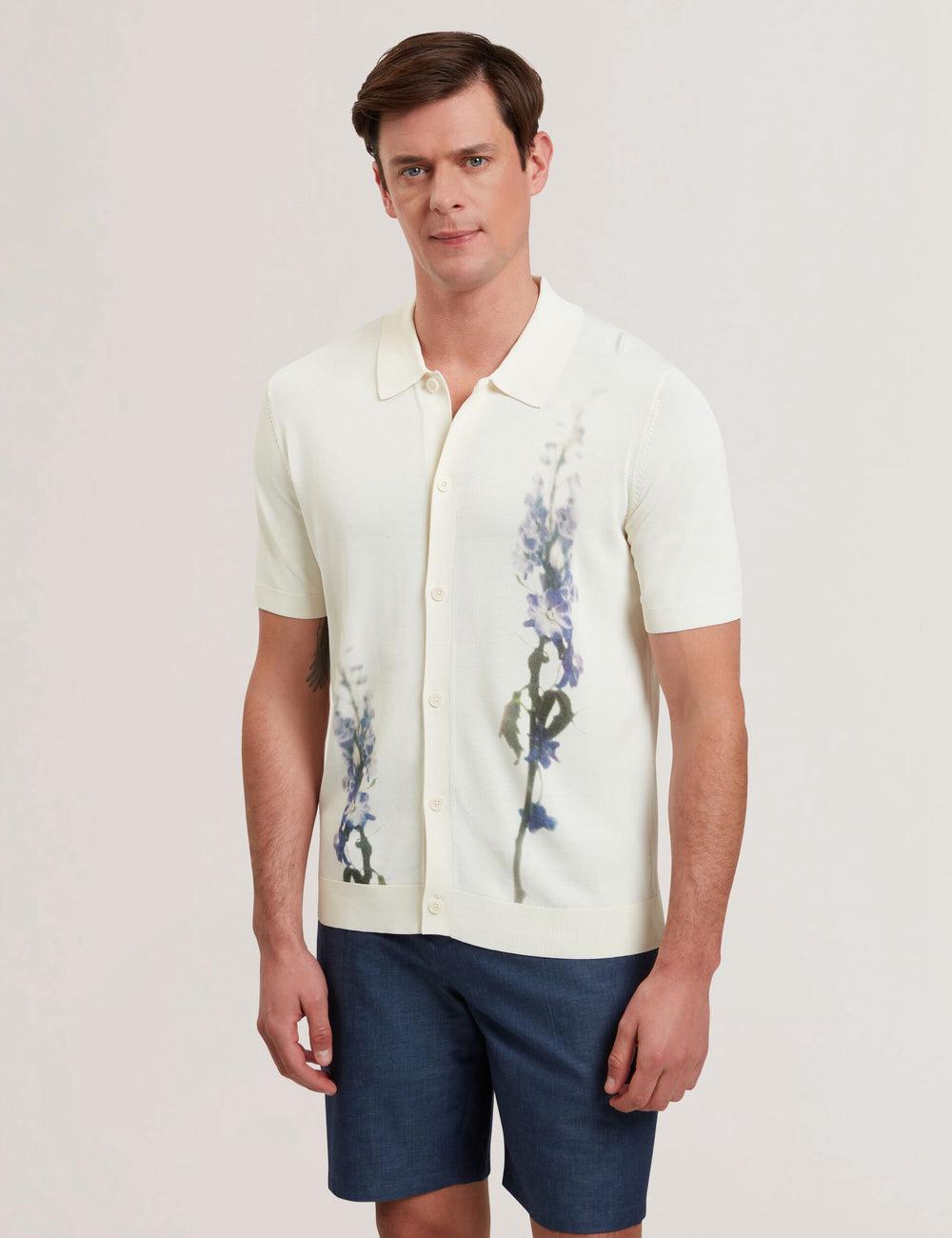 Ecru Ted Baker RUITS - Short Sleeve Floral Placement Men Polos Shirts | SG  3620-XZVNY