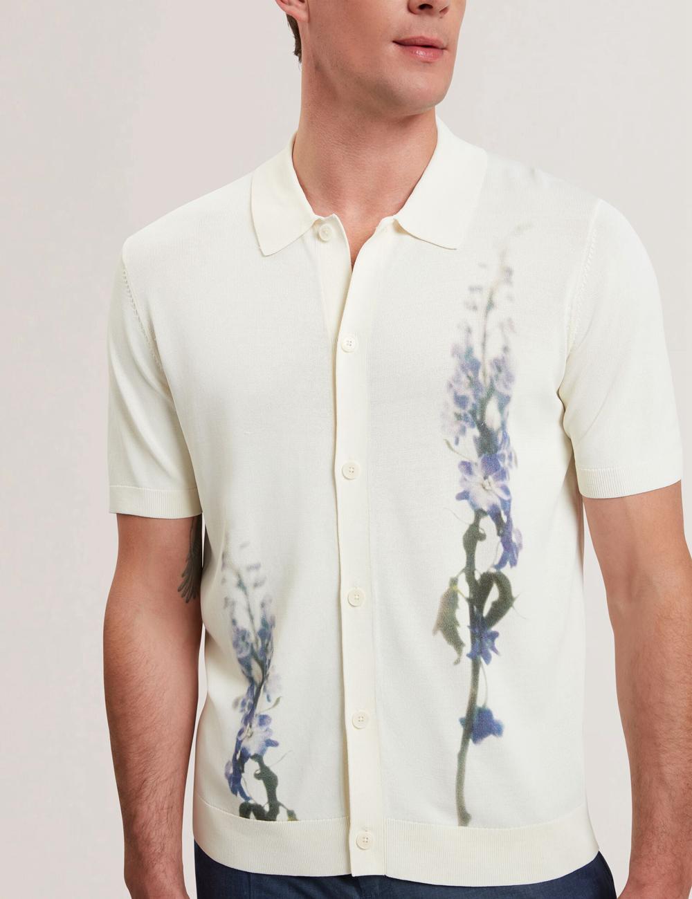 Ecru Ted Baker RUITS - Short Sleeve Floral Placement Men Polos Shirts | SG  3620-XZVNY