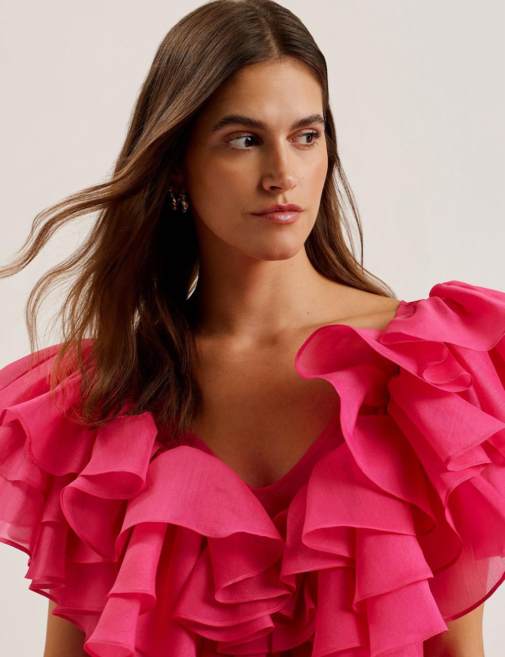 Fuchsia Ted Baker CALONDA - Oversized Frill Trim V-Neck Top Women Blouses | SG  8317-MXEWV