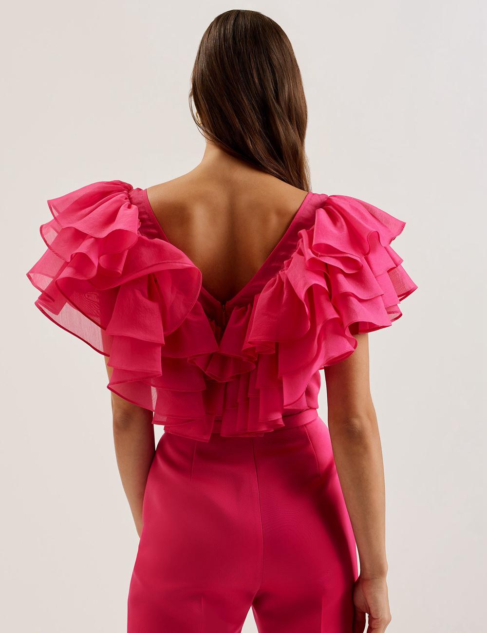 Fuchsia Ted Baker CALONDA - Oversized Frill Trim V-Neck Top Women Blouses | SG  8317-MXEWV