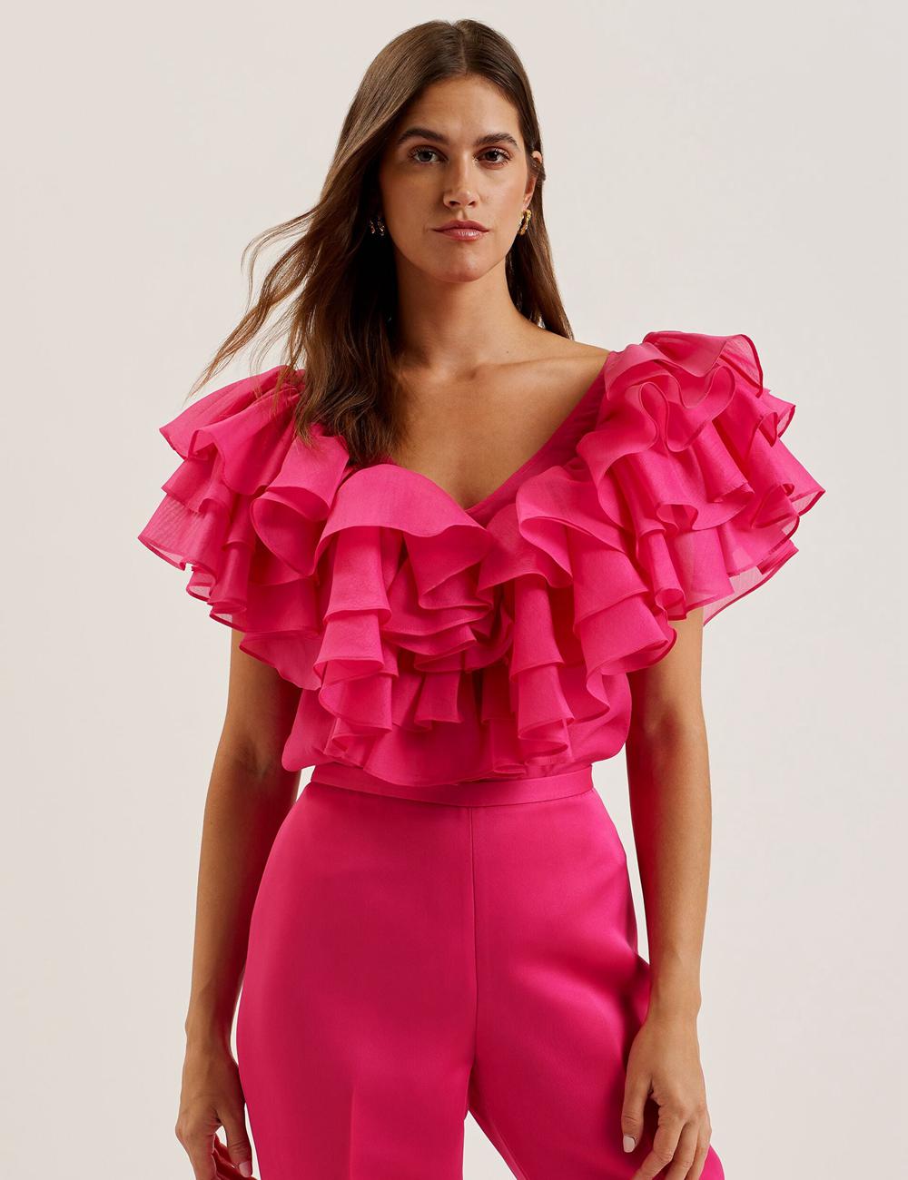 Fuchsia Ted Baker CALONDA - Oversized Frill Trim V-Neck Top Women Blouses | SG  8317-MXEWV