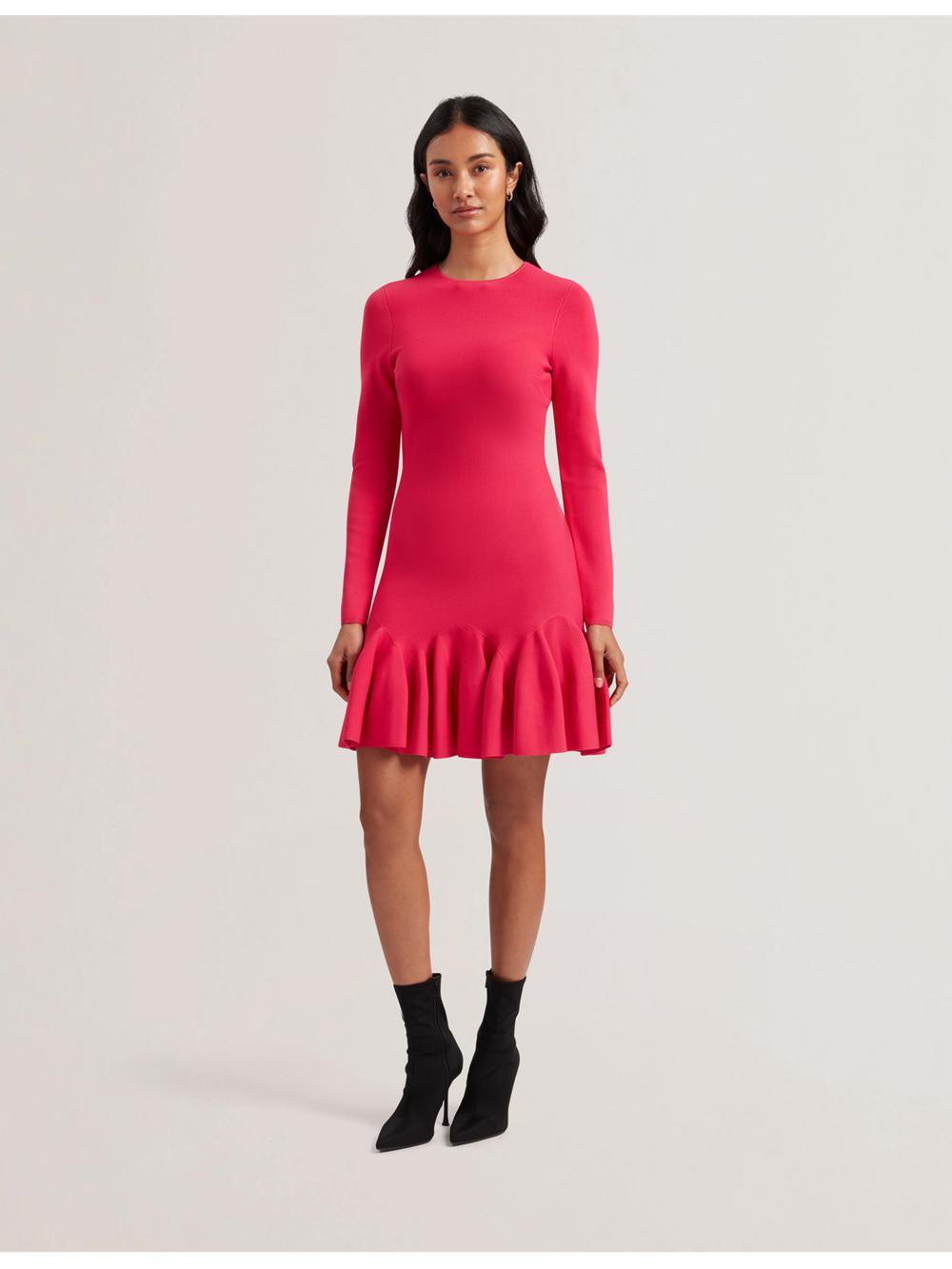 Fuchsia Ted Baker LOISSS - Flounce Hem Long Sleeve Knitted Women Mini Dresses | SG  1068-JXRWY