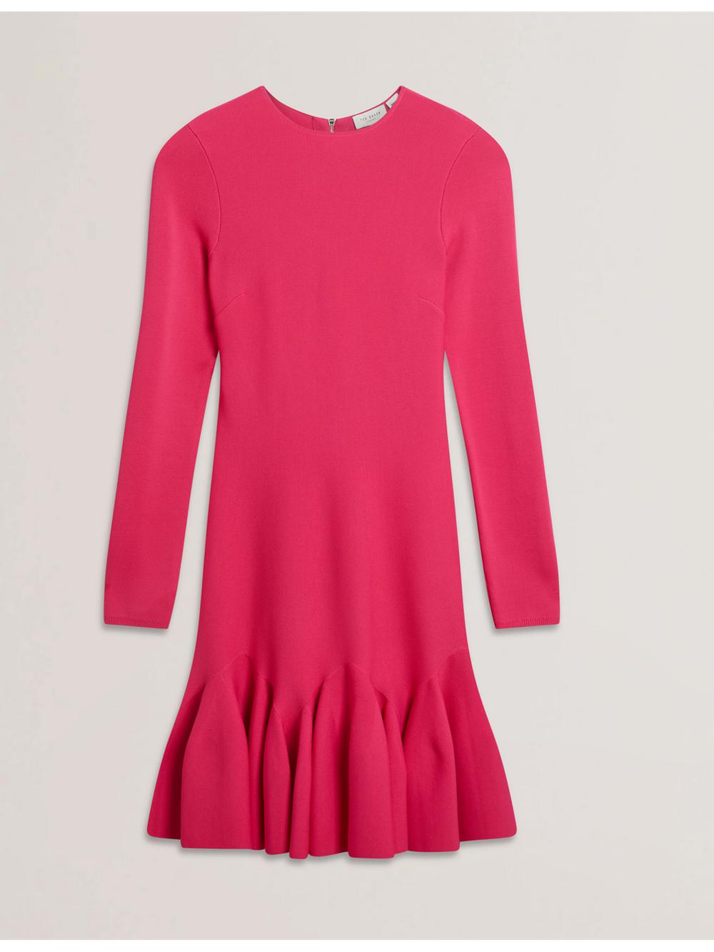 Fuchsia Ted Baker LOISSS - Flounce Hem Long Sleeve Knitted Women Mini Dresses | SG  1068-JXRWY