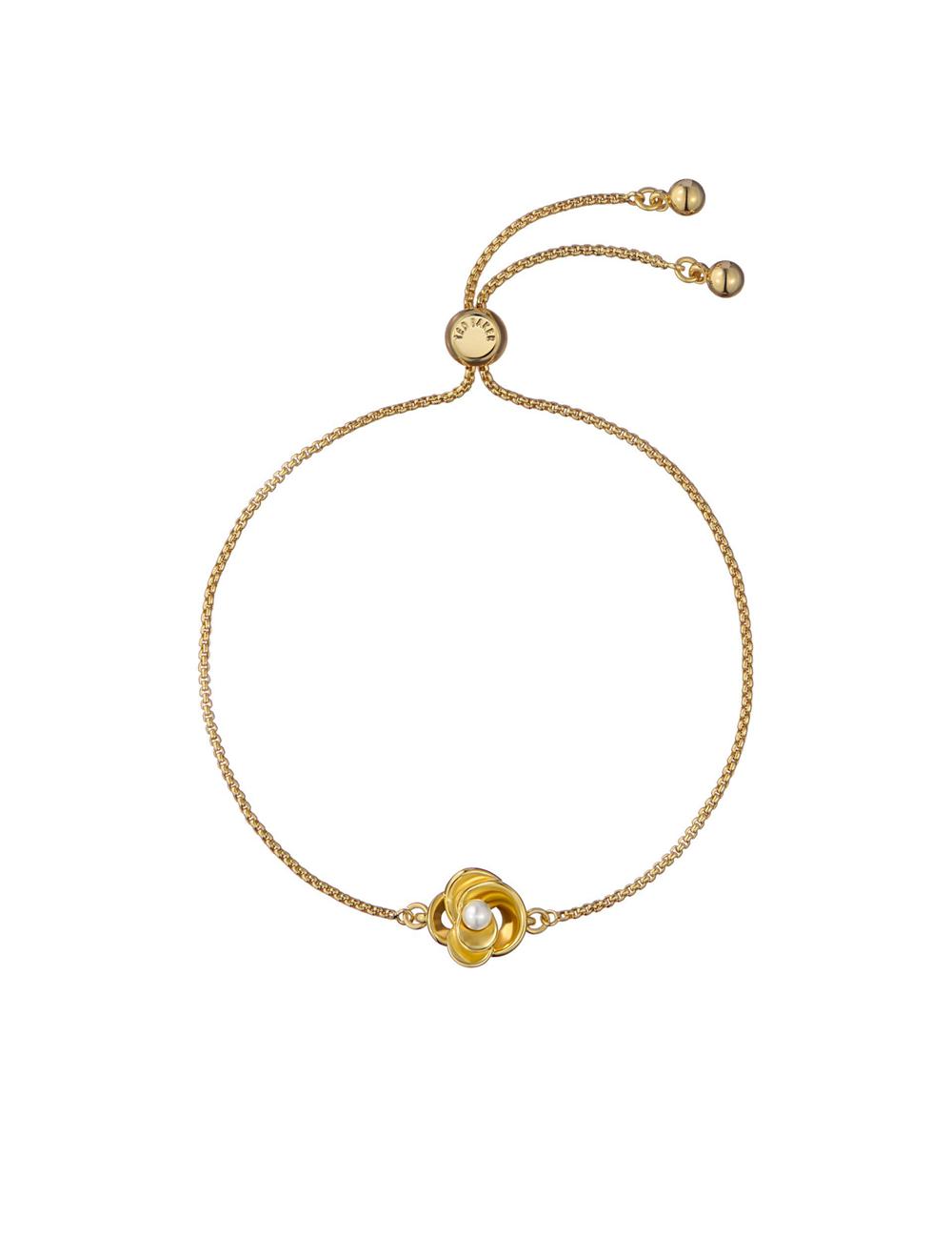 Gold Ted Baker FLORIE - Pearl Flower Adjustable Chain Women Bracelets | SG  2059-CASGK