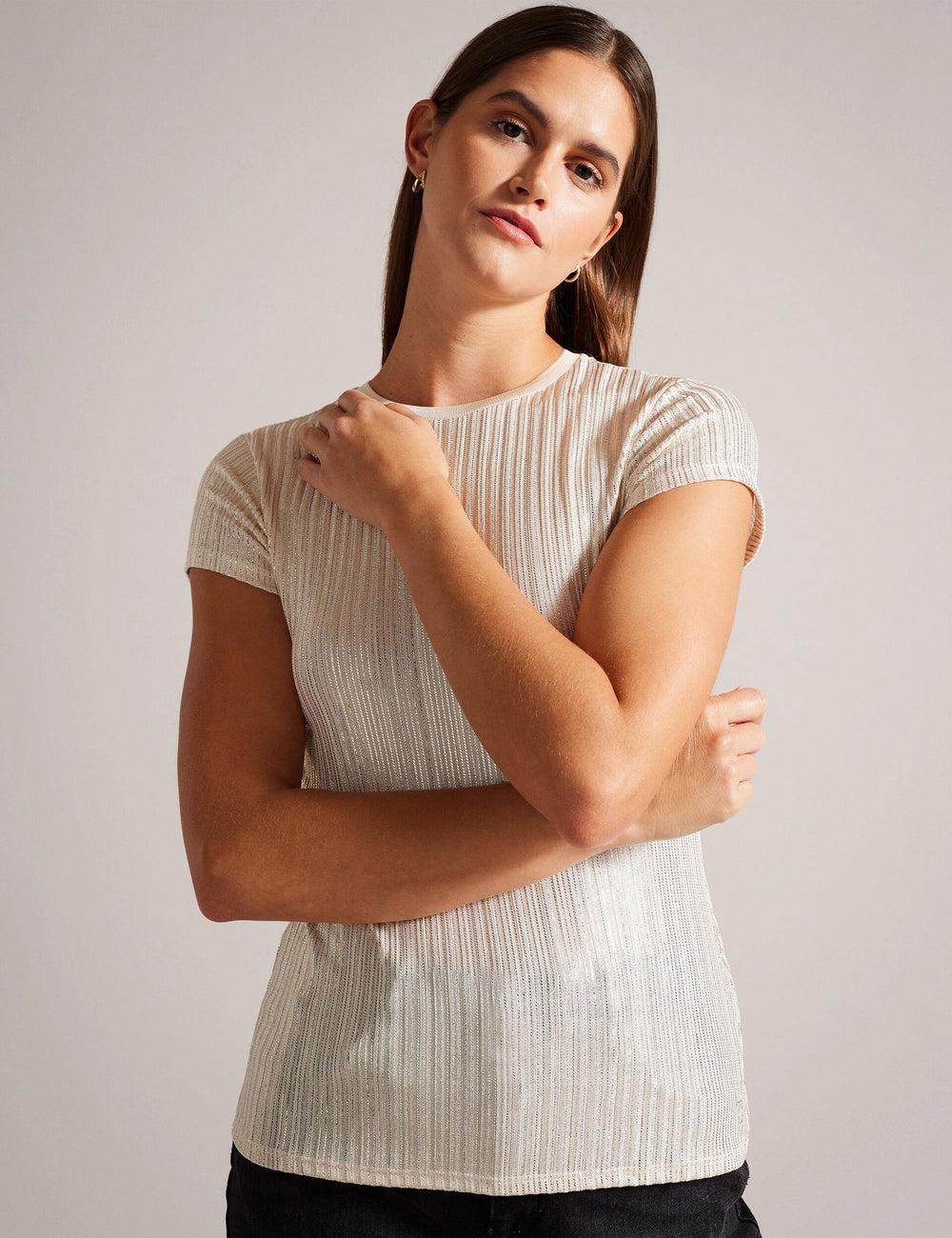 Gold Ted Baker KATRINO - Metallic Short Sleeve Crew Neck Women Tops | SG  4769-GHSWV