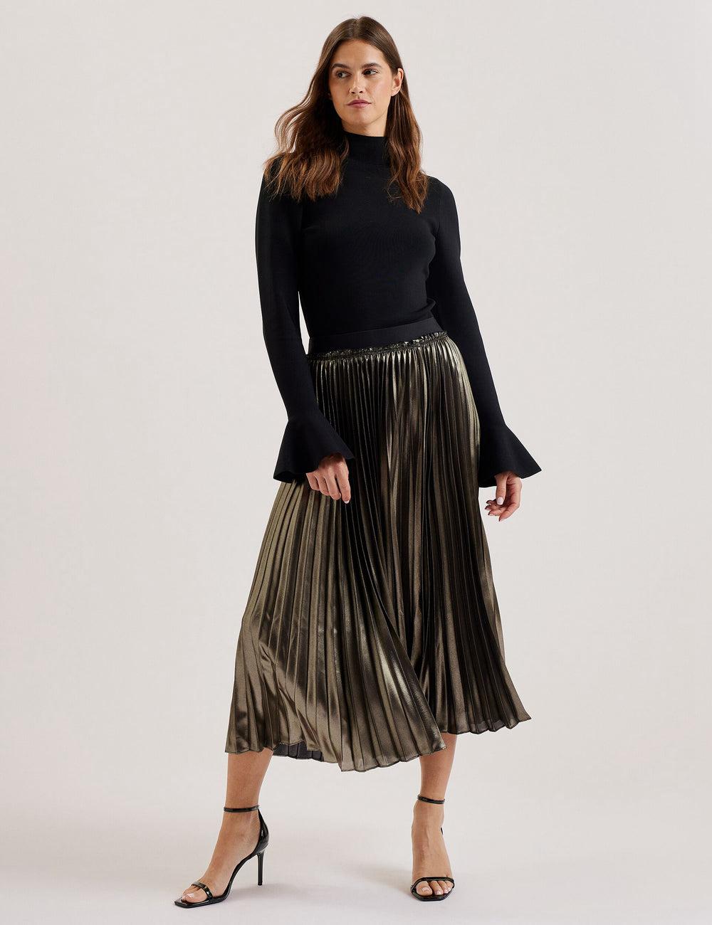 Gold Ted Baker KESE - Metallic Pleated A-Line Women Midi Skirts | SG  5390-JAKVY