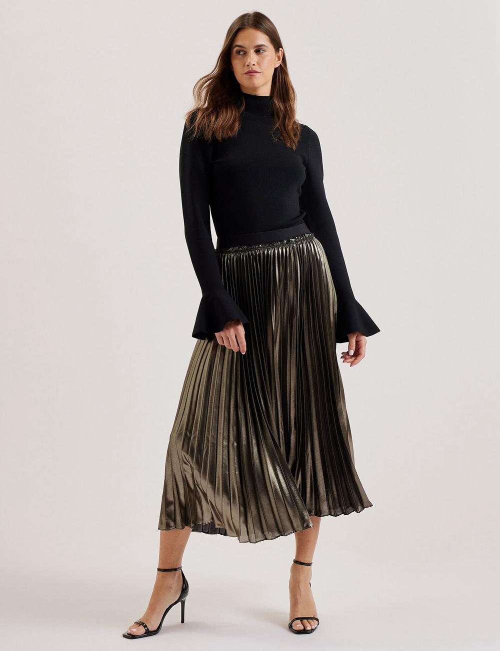 Gold Ted Baker KESE - Metallic Pleated A-Line Women Midi Skirts | SG  5390-JAKVY