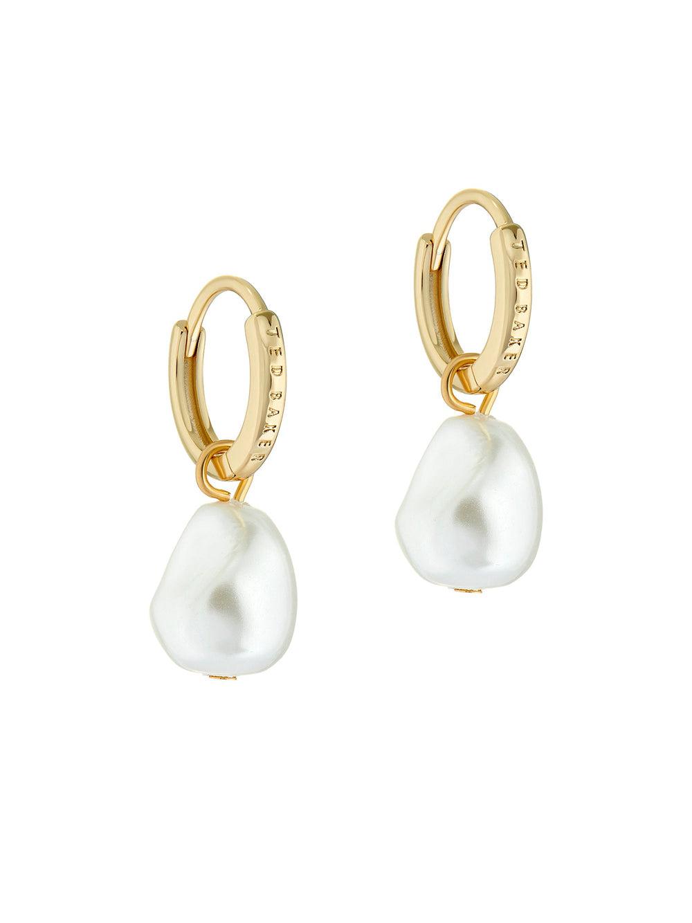 Gold Ted Baker PERIAA - Pearl Drop Pendant Huggie Women Earrings | SG  3485-HYNGB