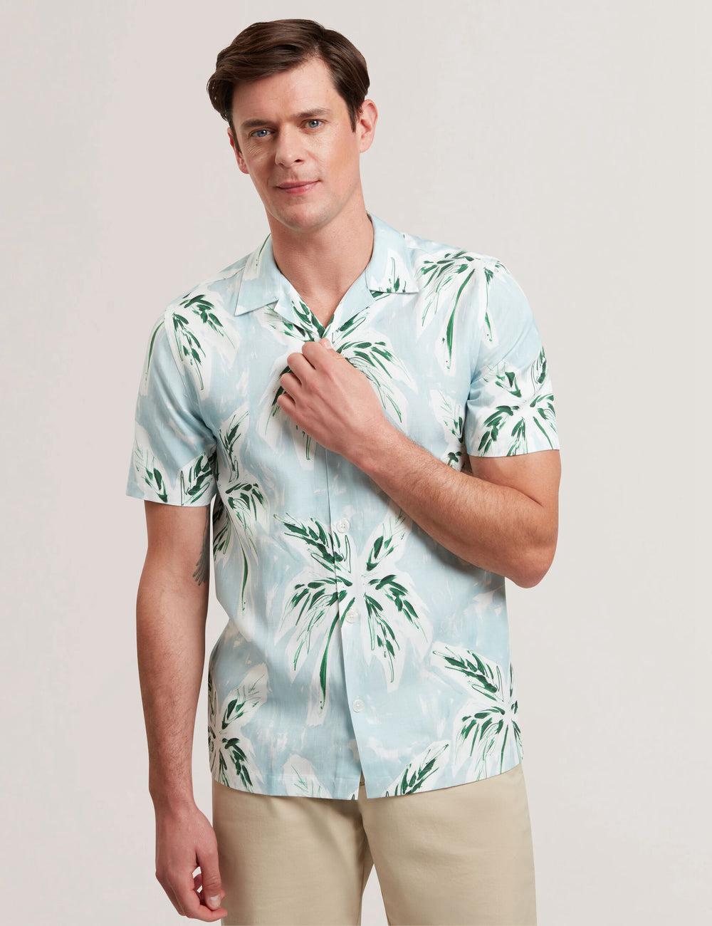 Green Ted Baker BOCHE - Short Sleeve Regular Tropical Palm Tree Men Casual Shirts | SG  1058-FMABU
