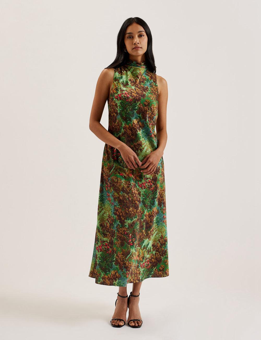 Green Ted Baker EYVA - Satin Printed High Neck Midi Slip Women Midi Dresses | SG  2185-WKPRX