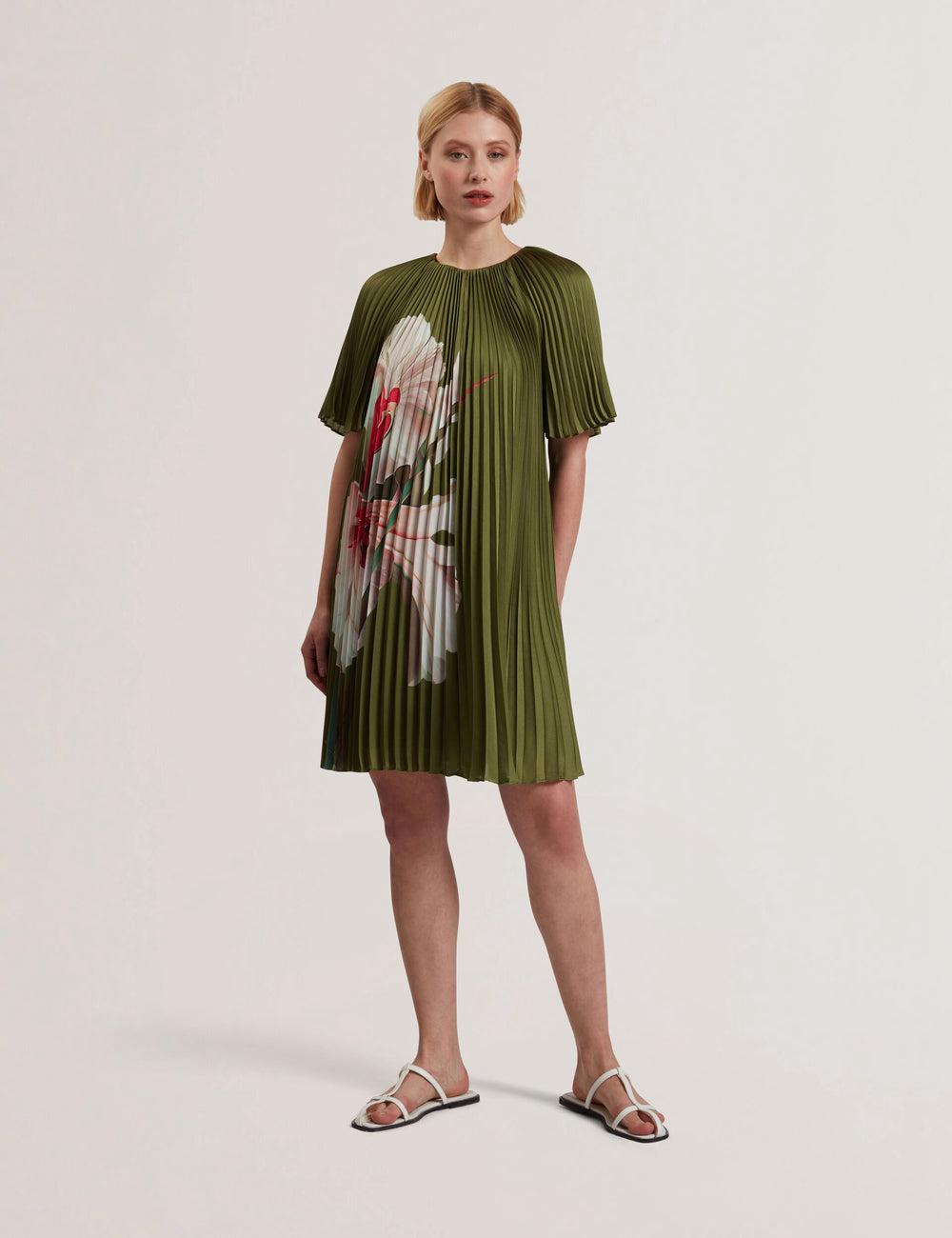 Green Ted Baker VINLAA - Floral Graphic Pleated Satin Women Mini Dresses | SG  4826-YLCKG