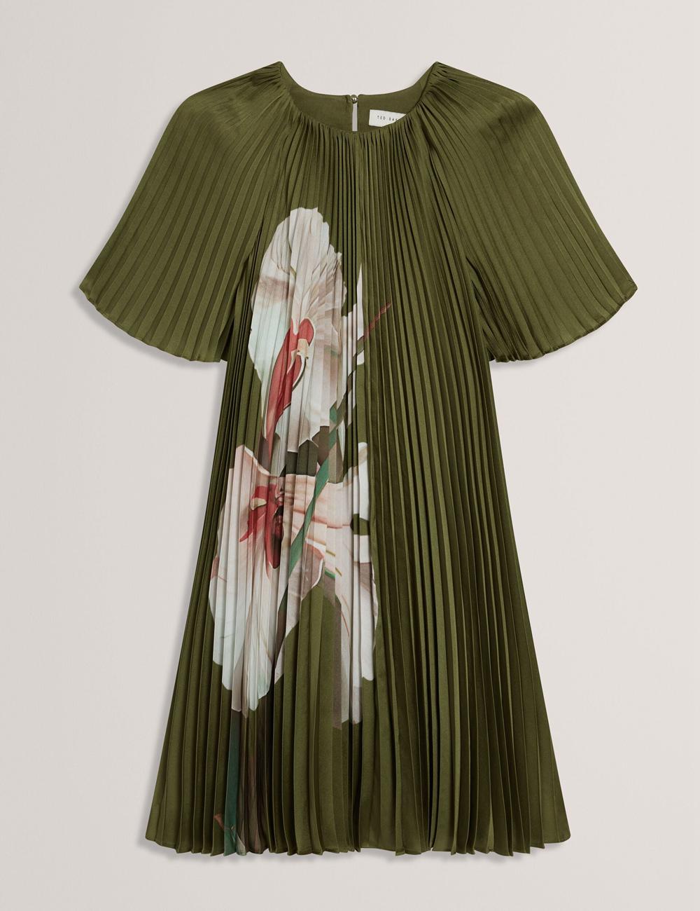 Green Ted Baker VINLAA - Floral Graphic Pleated Satin Women Mini Dresses | SG  4826-YLCKG