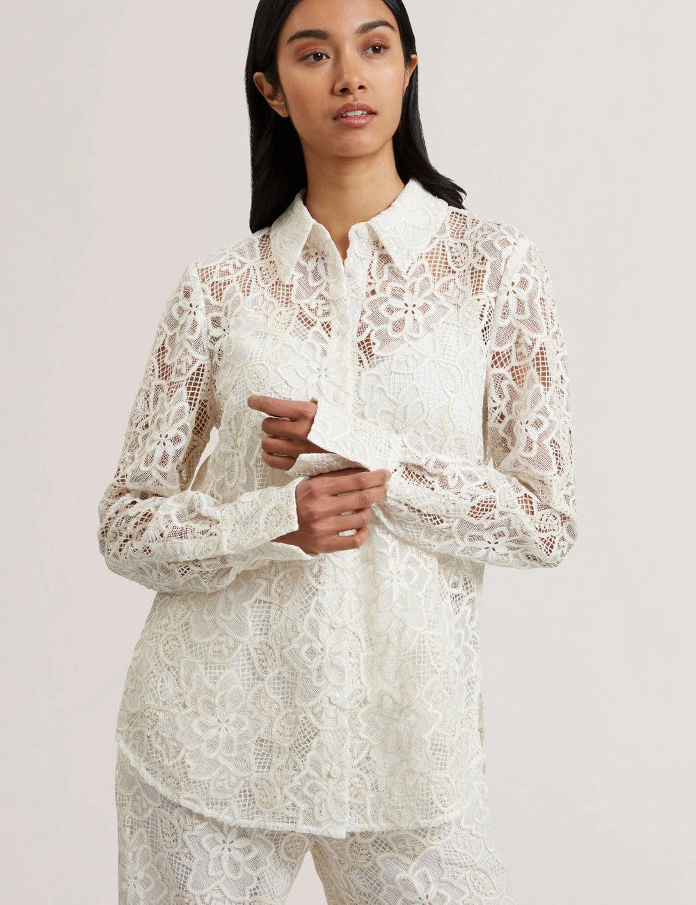 Ivory Ted Baker BLOND - Floral Lace Longline Cotton Shirt Women Tops | SG  6437-CFKUG