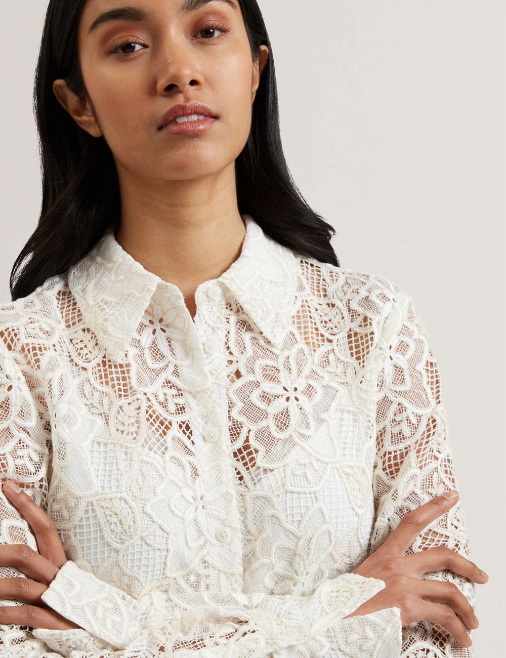 Ivory Ted Baker BLOND - Floral Lace Longline Cotton Shirt Women Tops | SG  6437-CFKUG