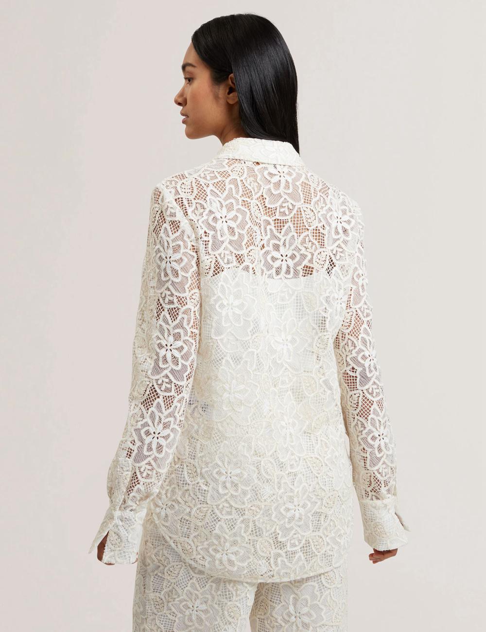 Ivory Ted Baker BLOND - Floral Lace Longline Cotton Shirt Women Tops | SG  6437-CFKUG