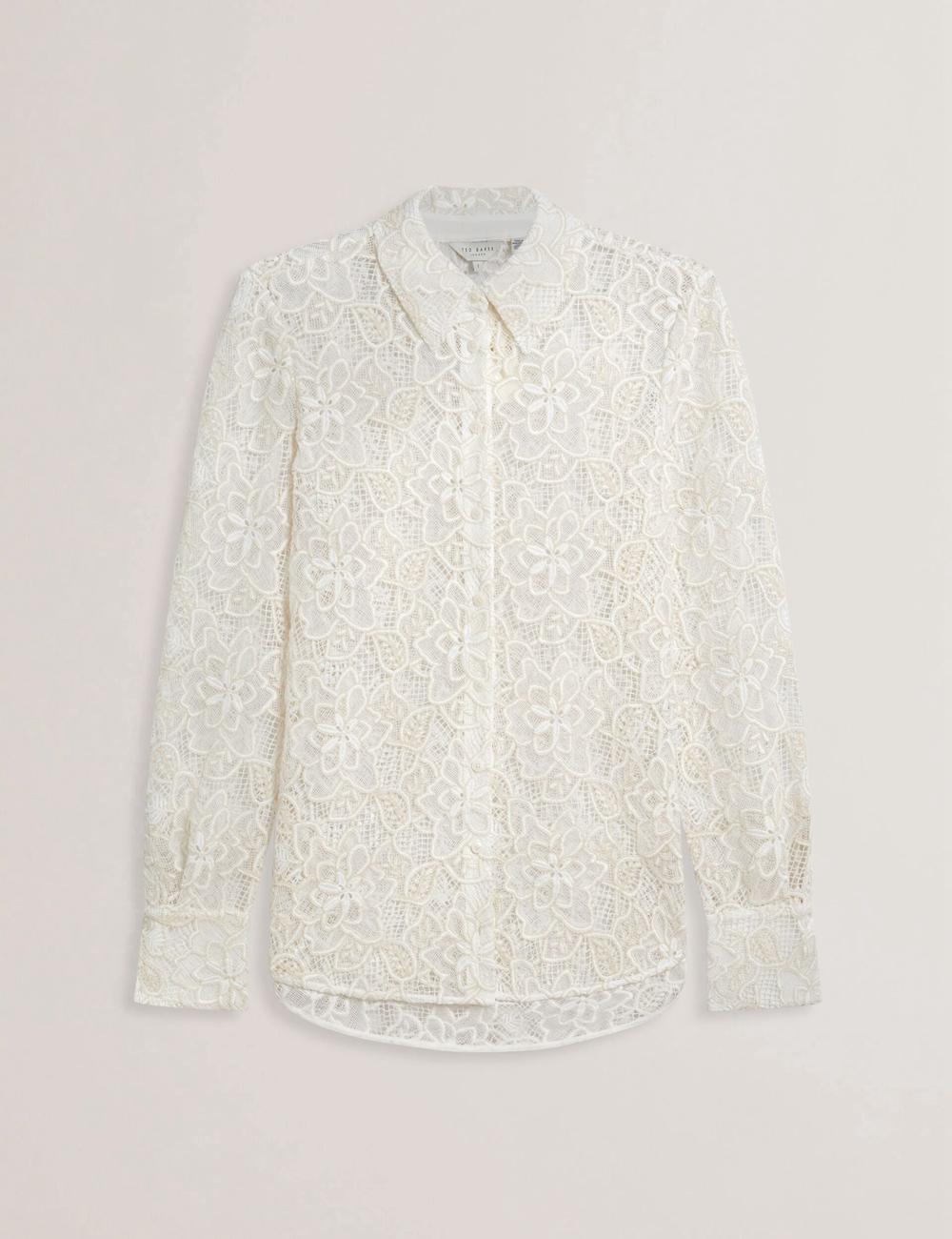 Ivory Ted Baker BLOND - Floral Lace Longline Cotton Shirt Women Tops | SG  6437-CFKUG