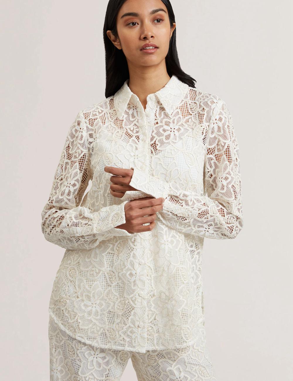 Ivory Ted Baker BLOND - Floral Lace Longline Cotton Shirt Women Tops | SG  6437-CFKUG