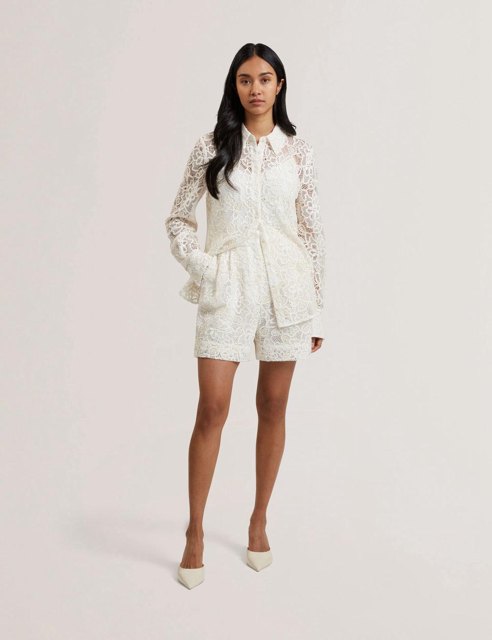 Ivory Ted Baker BOWIA - Lace High Waisted Tailored Women Shorts | SG  4908-CZMFI