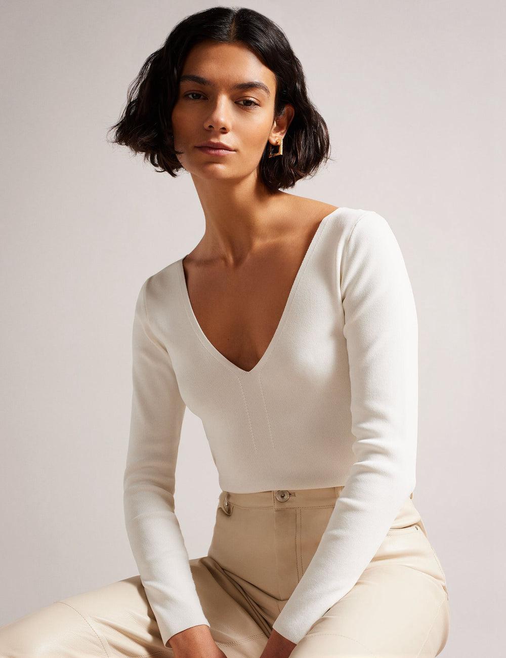 Ivory Ted Baker CILESTE - Fitted V-Neck Long Sleeve Knit Top Women Jumpers | SG  3754-BQYHP